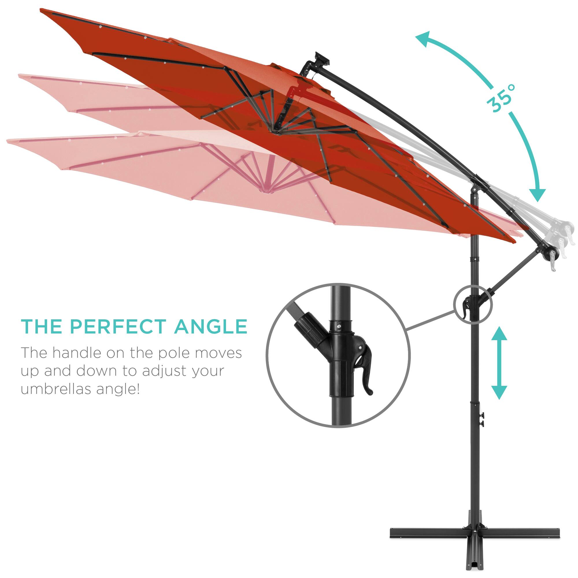 THE PERFECT ANGLE

The handle on the pole moves up and down to adjust your umbrella's angle!