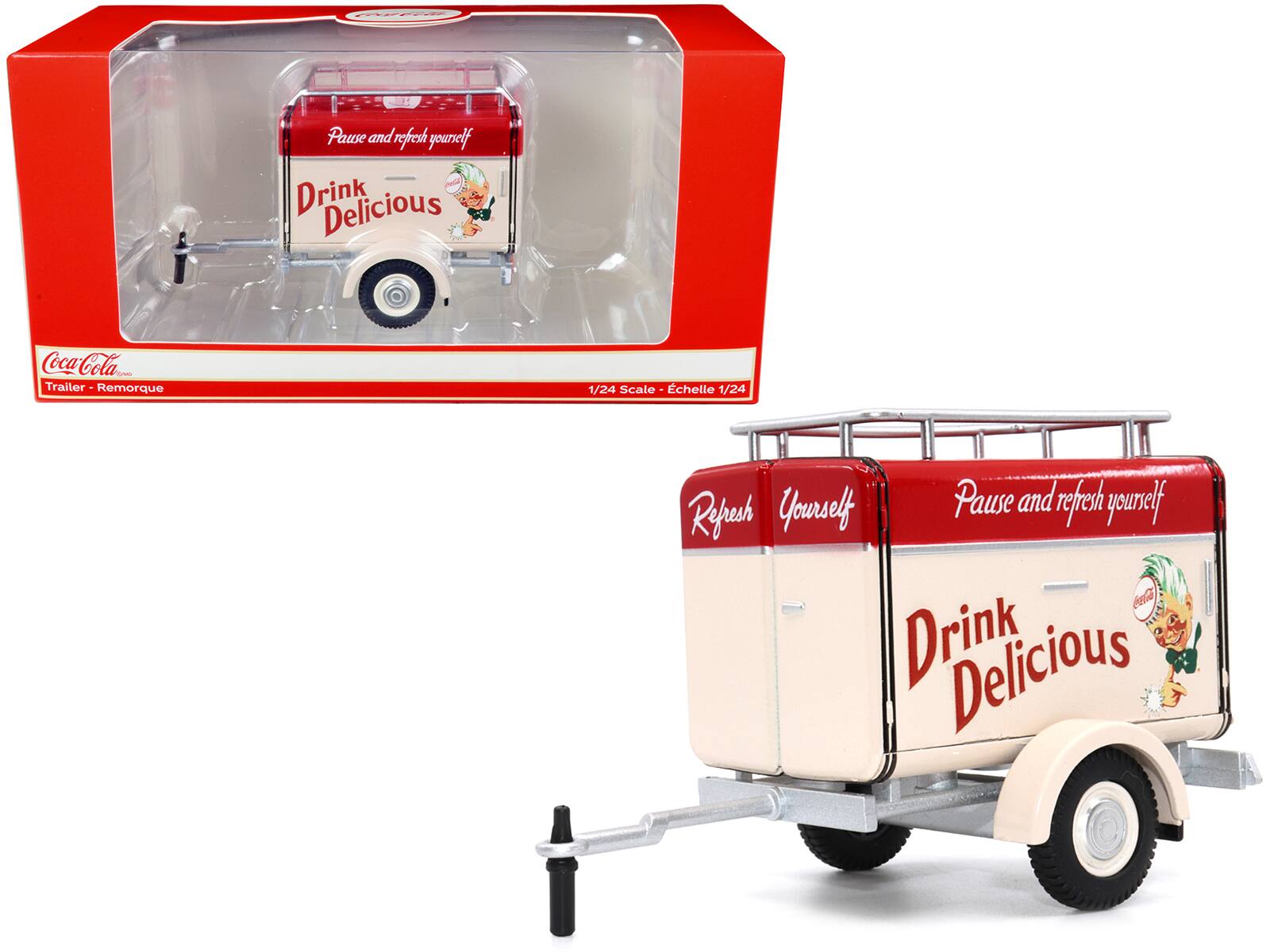 Sure, here is the corrected and grouped text from the image:

---

**Box:**
- Pause and refresh yourself
- Drink Delicious
- Coca-Cola
- Trailer - Remorque
- 1/24 Scale - Échelle 1/24

**Trailer:**
- Pause and refresh yourself
- Drink Delicious
- Refresh Yourself
- Coca-Cola

---