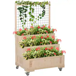 Outsunny - 3-Tiers Raised Garden Bed with Trellis, 53" H Vertical Planter Box with Wheels & Back Storage Area, for Flowers - Natural Wood