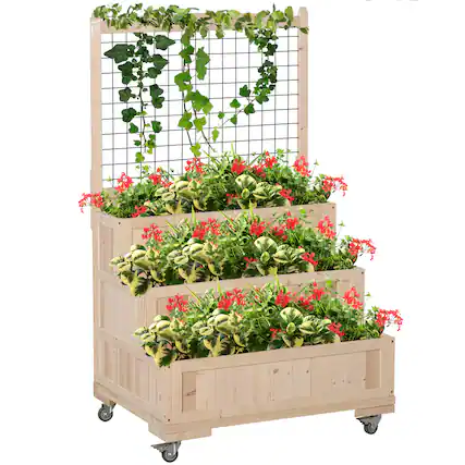 Front. Outsunny - 3-Tiers Raised Garden Bed with Trellis, 53" H Vertical Planter Box with Wheels & Back Storage Area, for Flowers - Natural Wood.