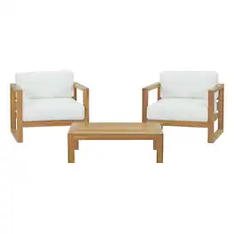Modway - Upland 3-Piece Outdoor Teak Patio Set with All-Weather Cushions - Natural White