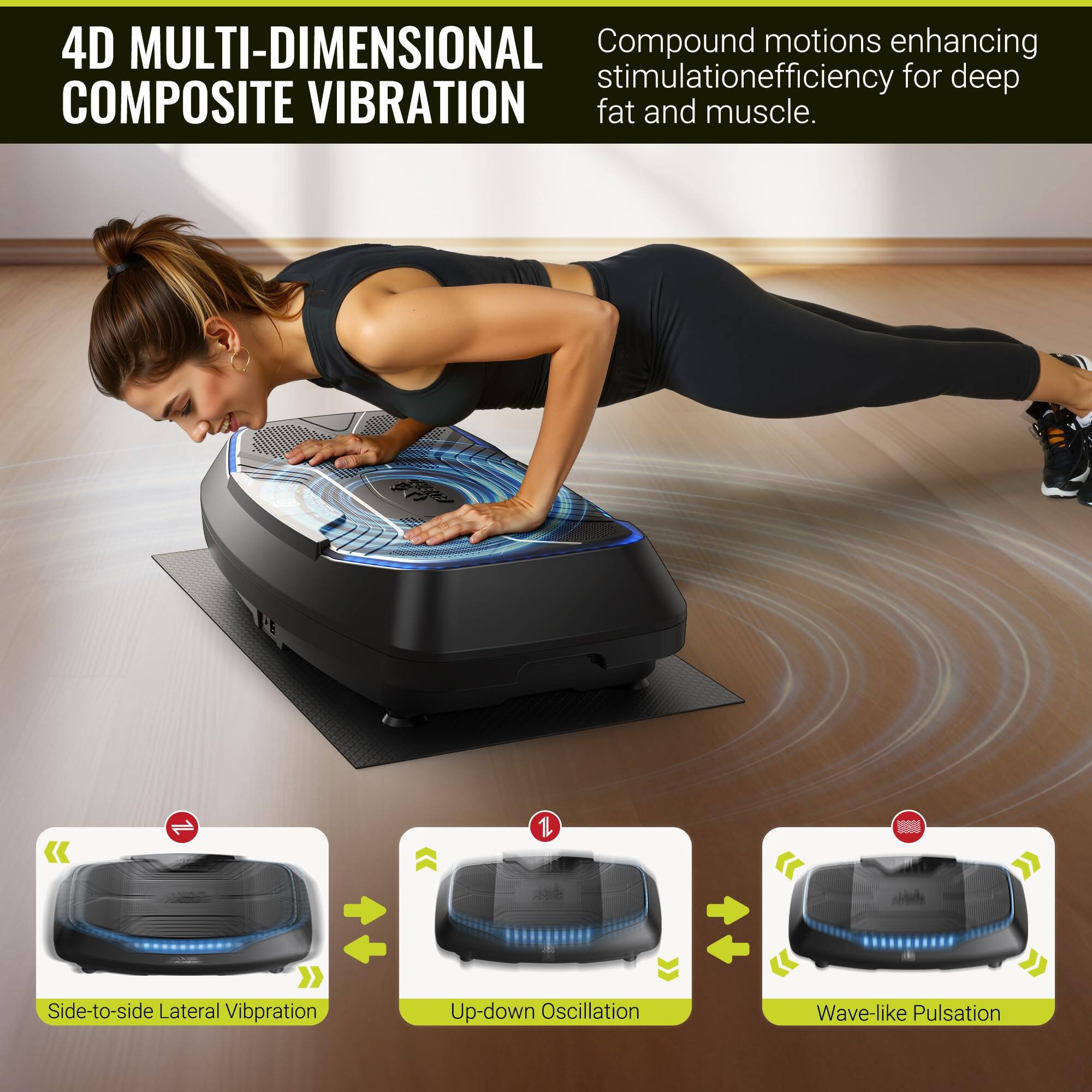 4D MULTI-DIMENSIONAL COMPOSITE VIBRATION

Compound motions enhancing stimulation efficiency for deep fat and muscle.

1. Side-to-side Lateral Vibration
2. Up-down Oscillation
3. Wave-like Pulsation