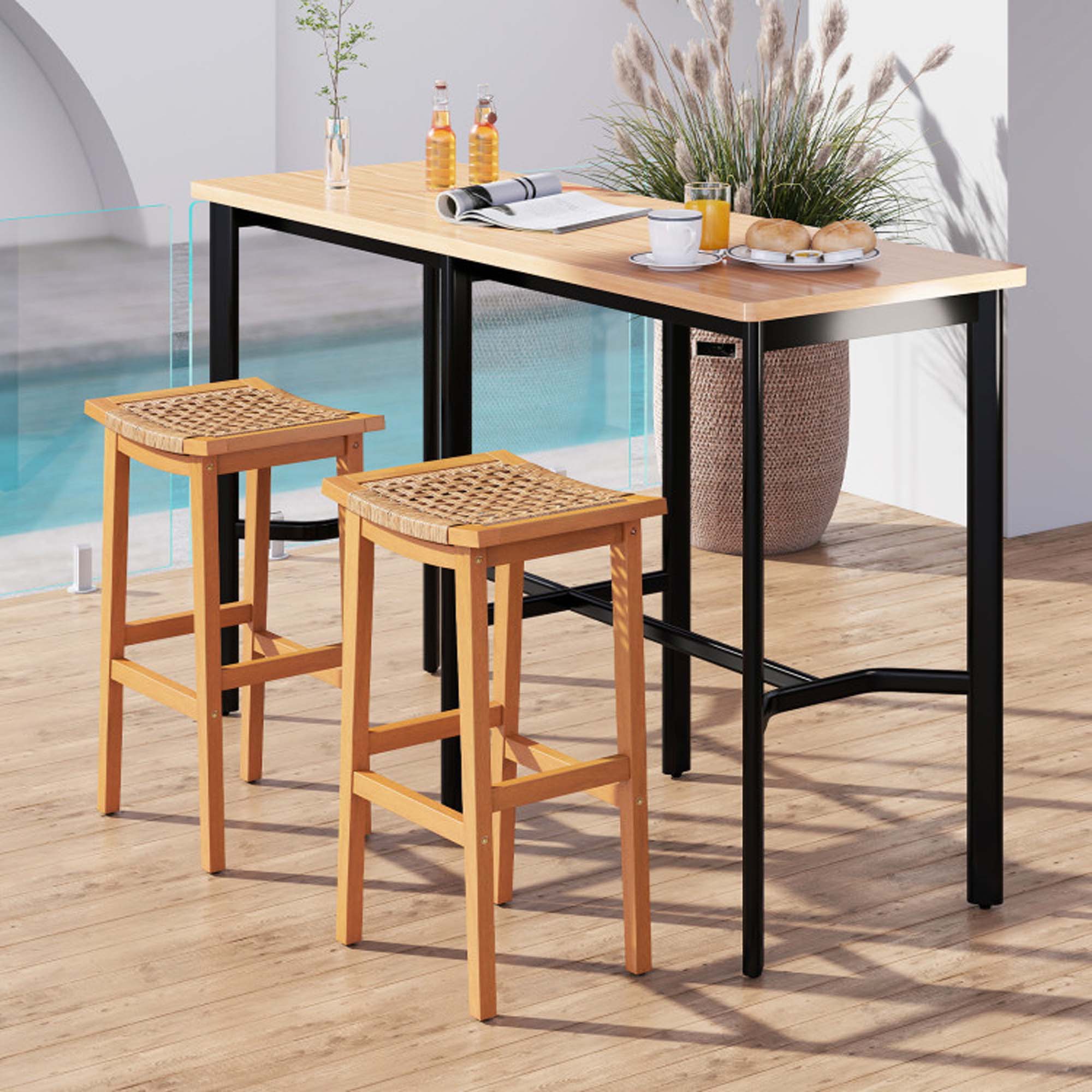 Alt View 1. Boyel Living - Tan Outdoor Rattan Wood Set of 2 Bar Stools - Tan.