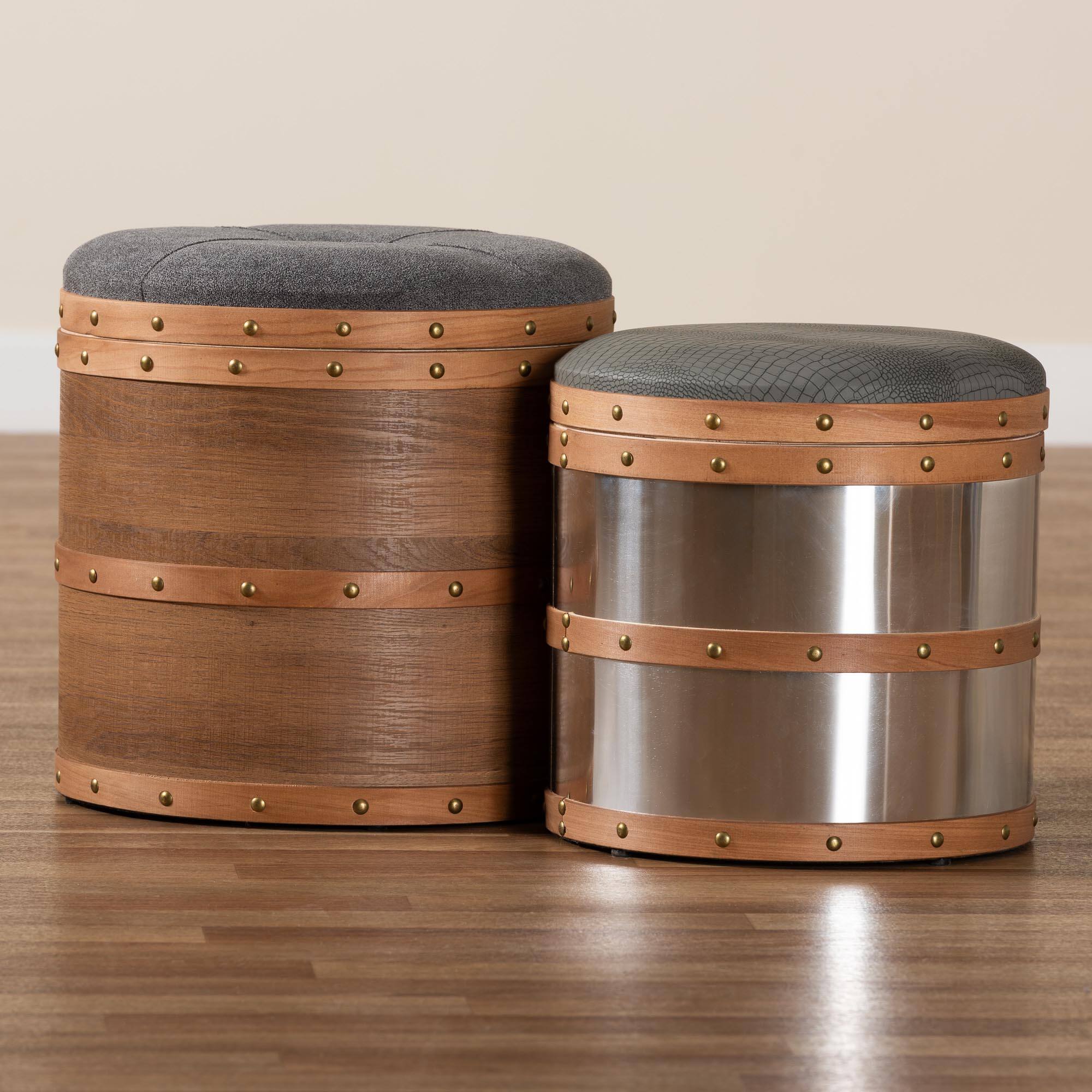 Alt View 2. Baxton Studio - Caleb Modern Fabric and Alligator Faux Leather 2-Piece Storage Ottoman Set - Brown/Mirrored.