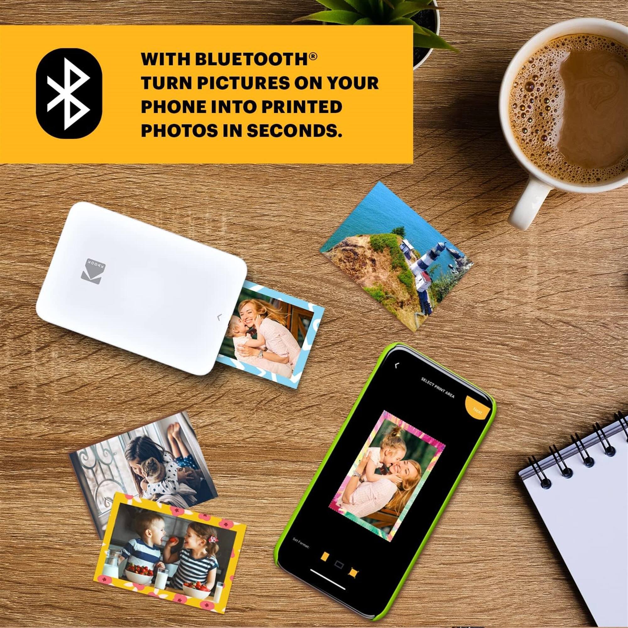 WITH BLUETOOTH TURN PICTURES ON YOUR PHONE INTO PRINTED PHOTOS IN SECONDS.