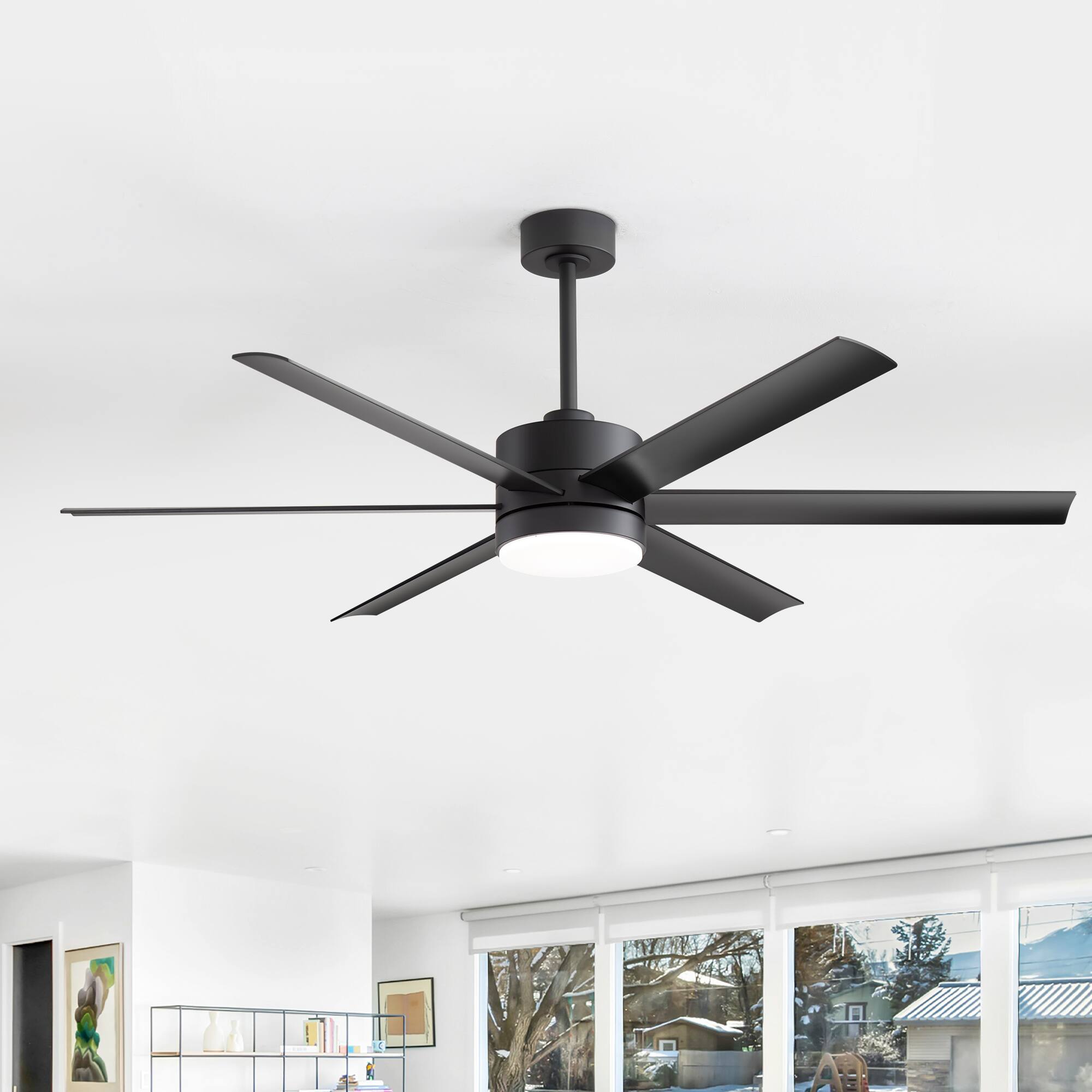 Back. Breezary - 60-Inch Indoor Large LED Ceiling Fan with 6-Speed Reversible Motor, 3-Color Light, 6''/12'' Downrods - Matte Black.