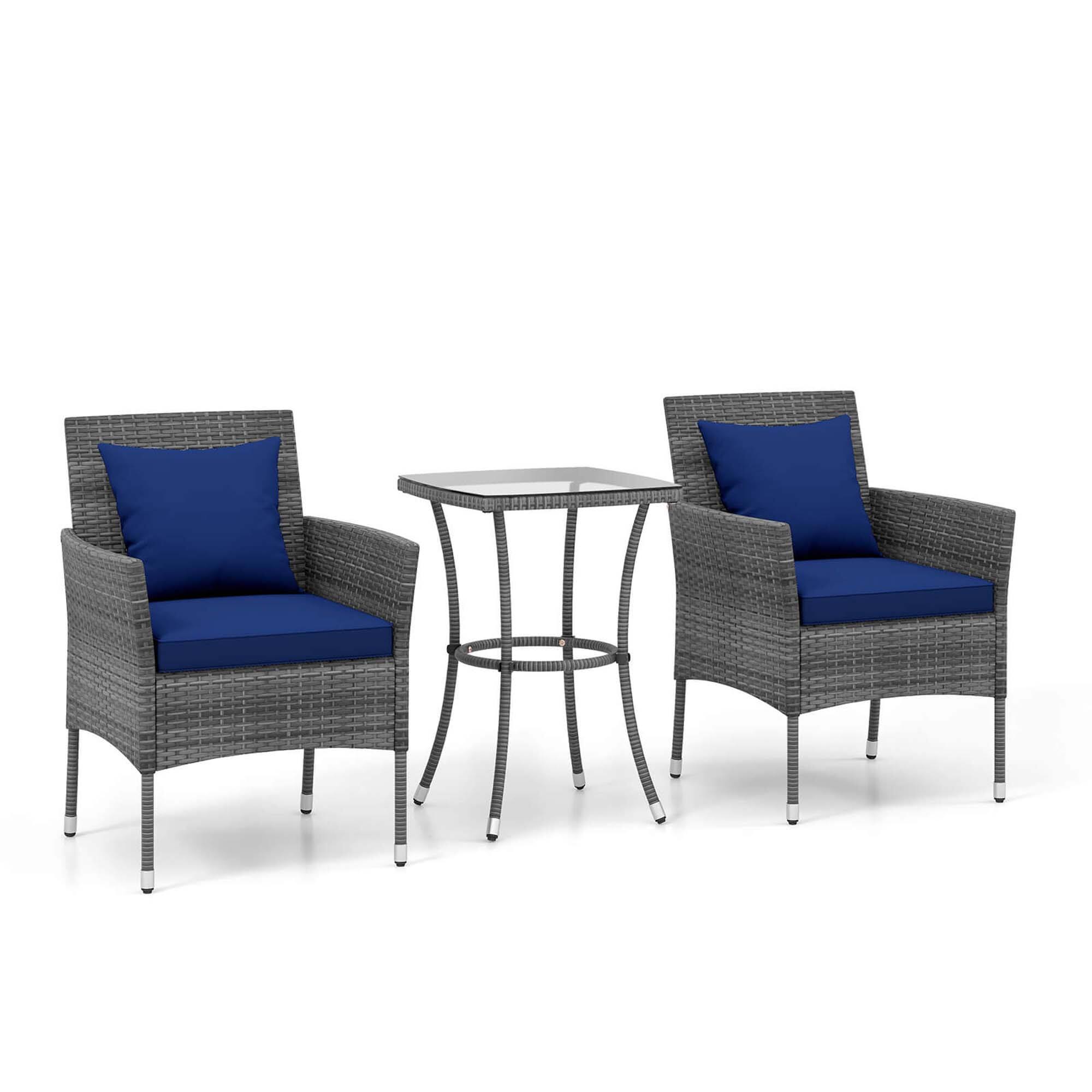 Alt View 9. Costway - 3 PCS Patio Furniture Set witn Cushioned Patio Chairs & Tempered Glass Coffee Table - Navy + Mix Grey.