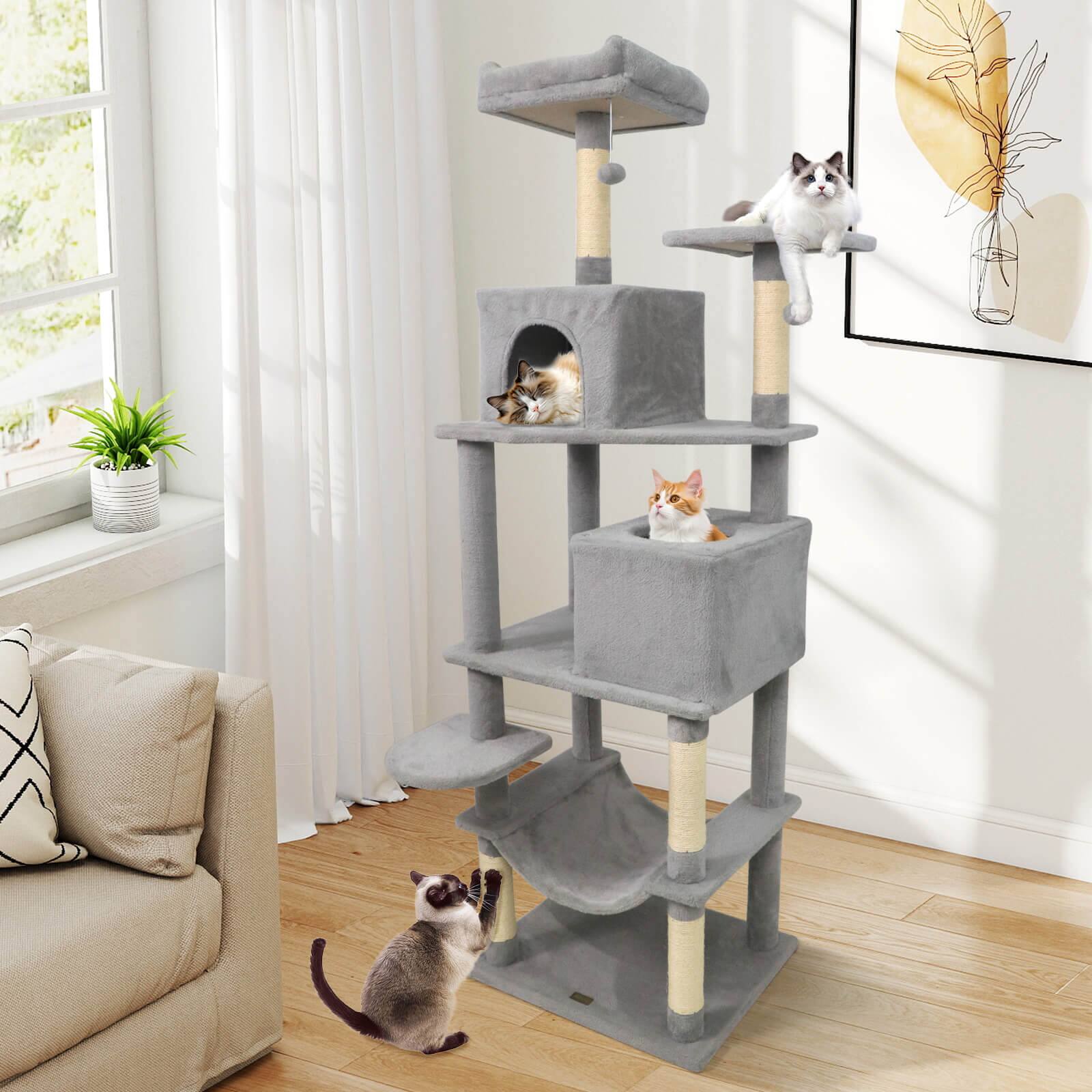 Alt View 1. Costway - Costway 70" Cat Tree for Indoor Cats with Padded Top Perch, Dual Condos, Hammock, Platforms - Light Gray.