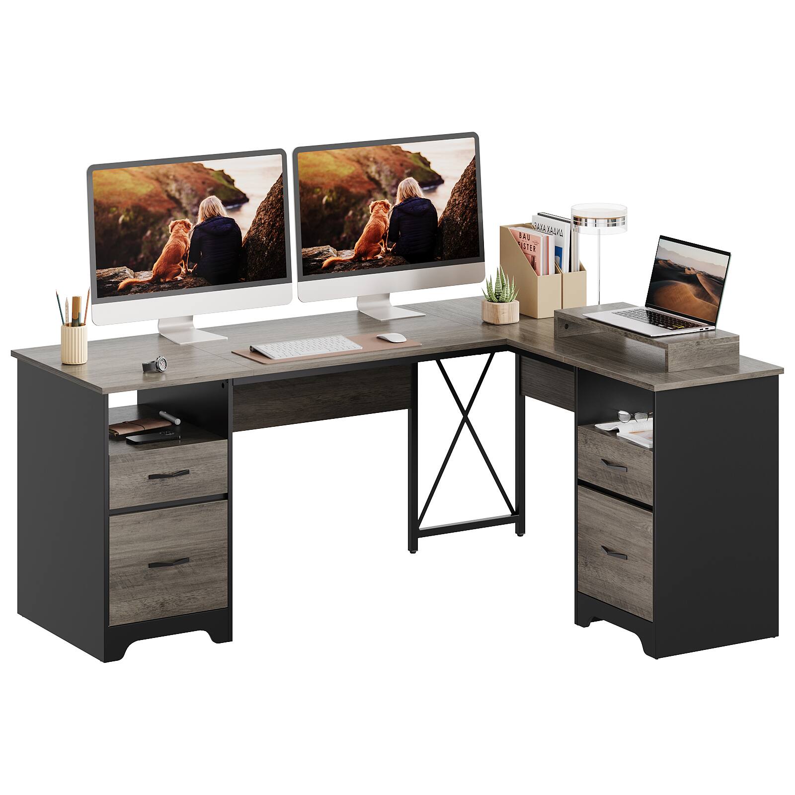 Alt View 14. Bestier - 63inch L-Shaped Gomputer Desk with Two File and Storage Drawers Corner Executive Desk for Home Office - Gray.