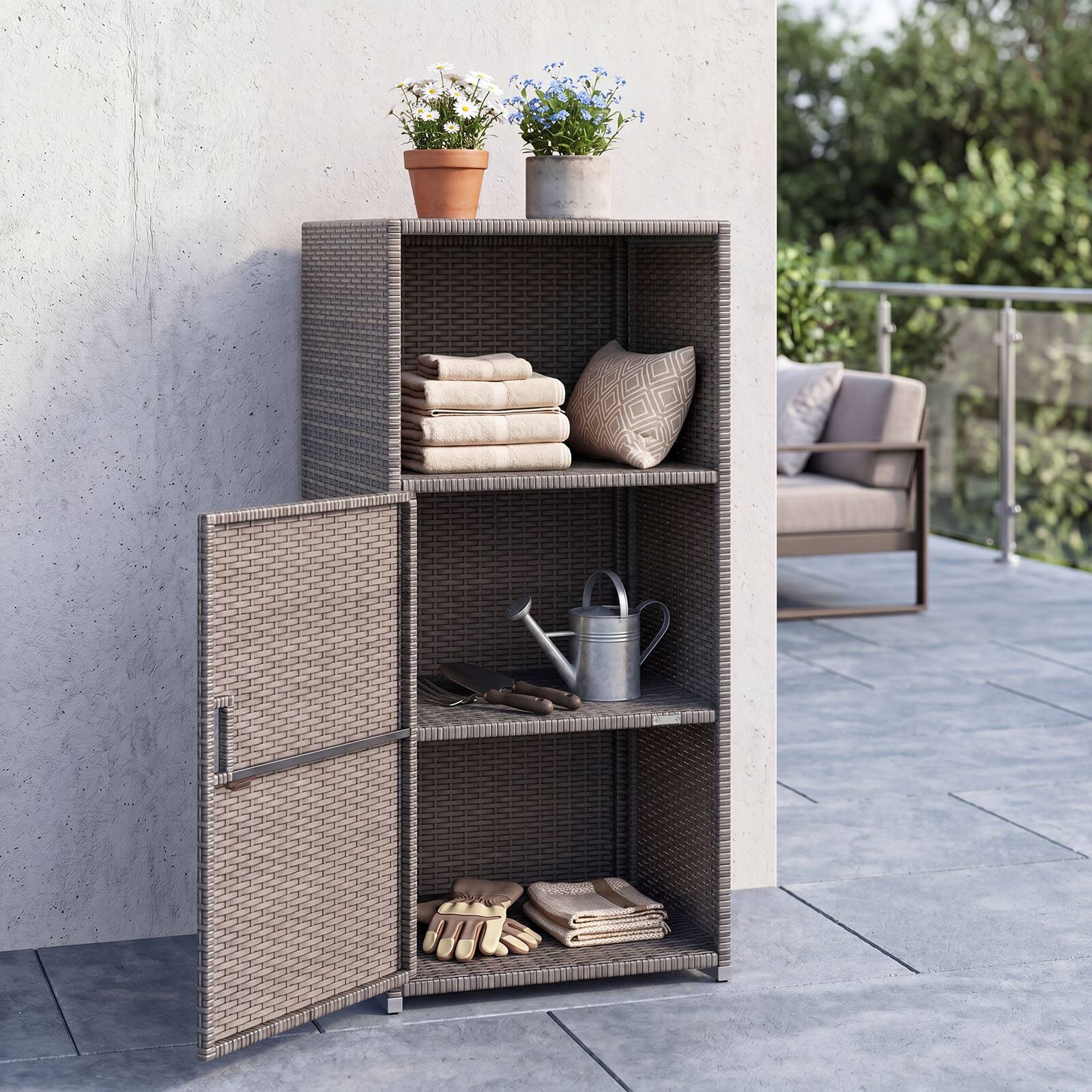Alt View 4. Costway - Costway Outdoor Storage Cabinet PE Wicker Buffet Sideboard with Shelf Open & Compartment - Gray.