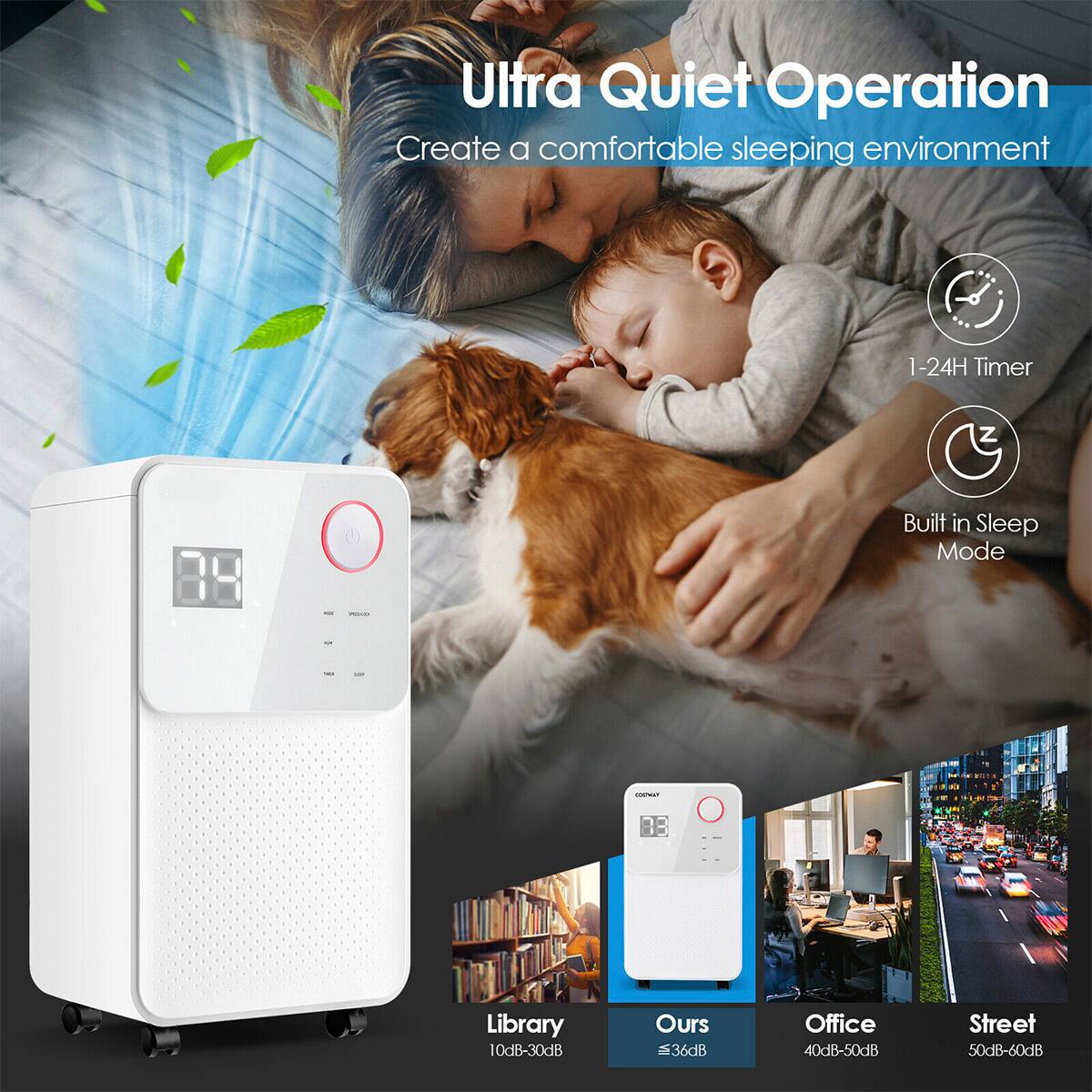 Ultra Quiet Operation  
Create a comfortable sleeping environment  

1-24H Timer  
Built in Sleep Mode  

Library  
10dB-30dB  

Ours  
≤36dB  

Office  
40dB-50dB  

Street  
50dB-60dB