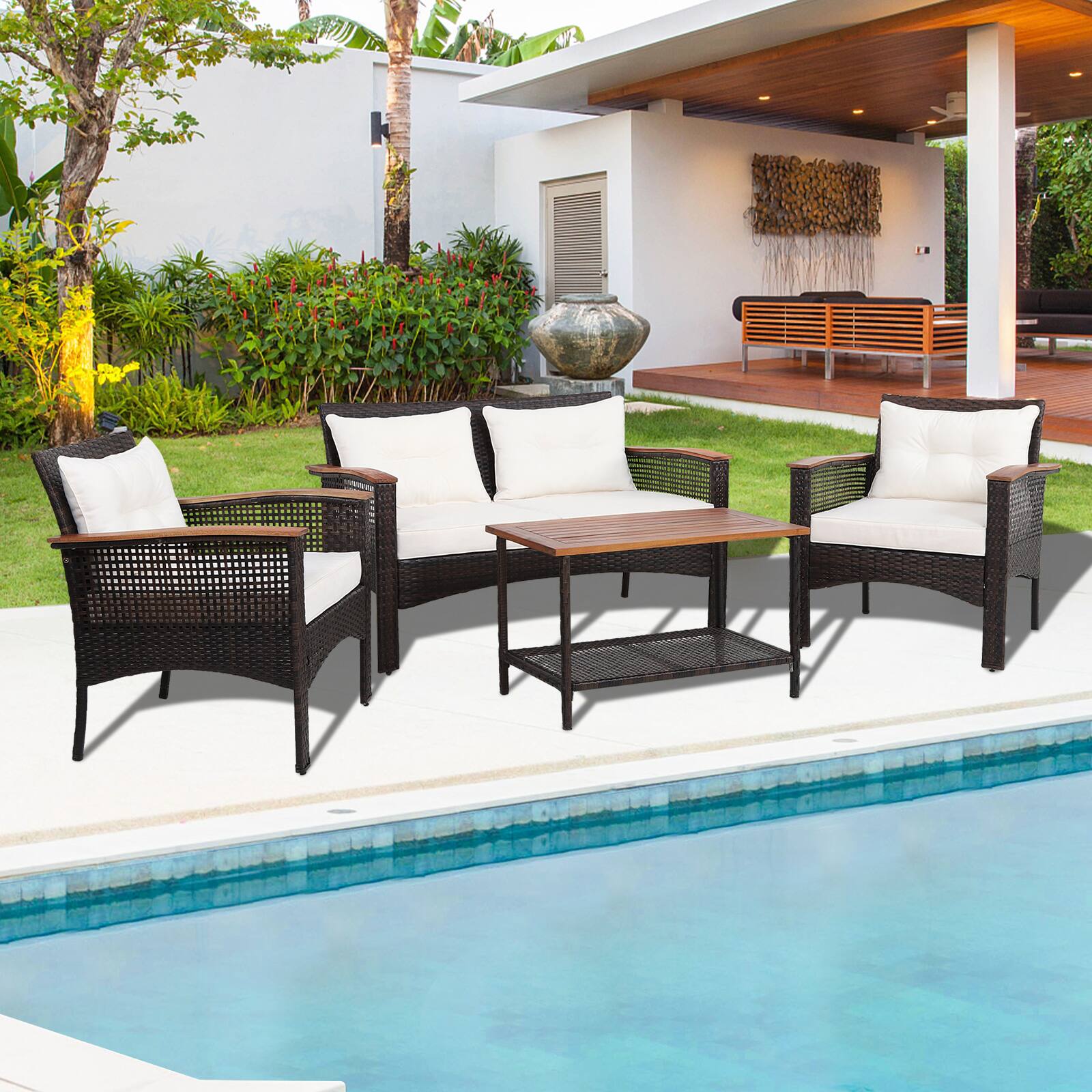 Alt View 3. Gymax - Gymax 4PCS Rattan Patio Furniture Set Acacia Wood Outdoor Conversation Set w/ Cushions - Off White.