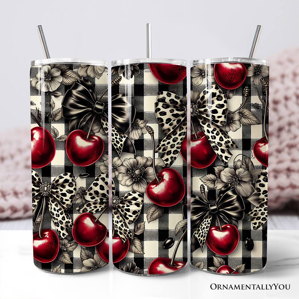 Back. OrnamentallyYou - Coquette Cherries And Bows 20oz Tumbler With Stainless Steel Straw - Multicolored.