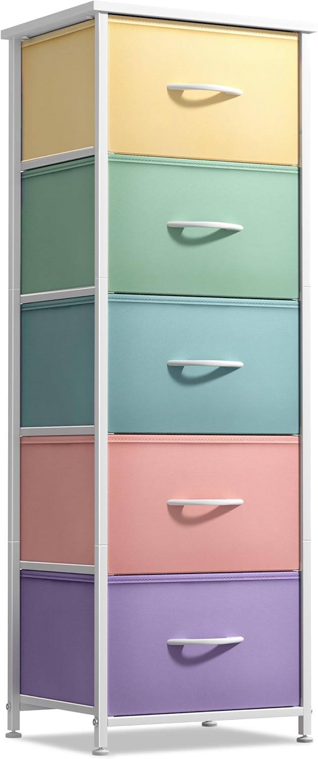 Sorbus - Fabric Dresser for Kids Bedroom, Chest of 5 Drawers, Tall Storage Tower Clothing Organizer for Playroom - Pastel