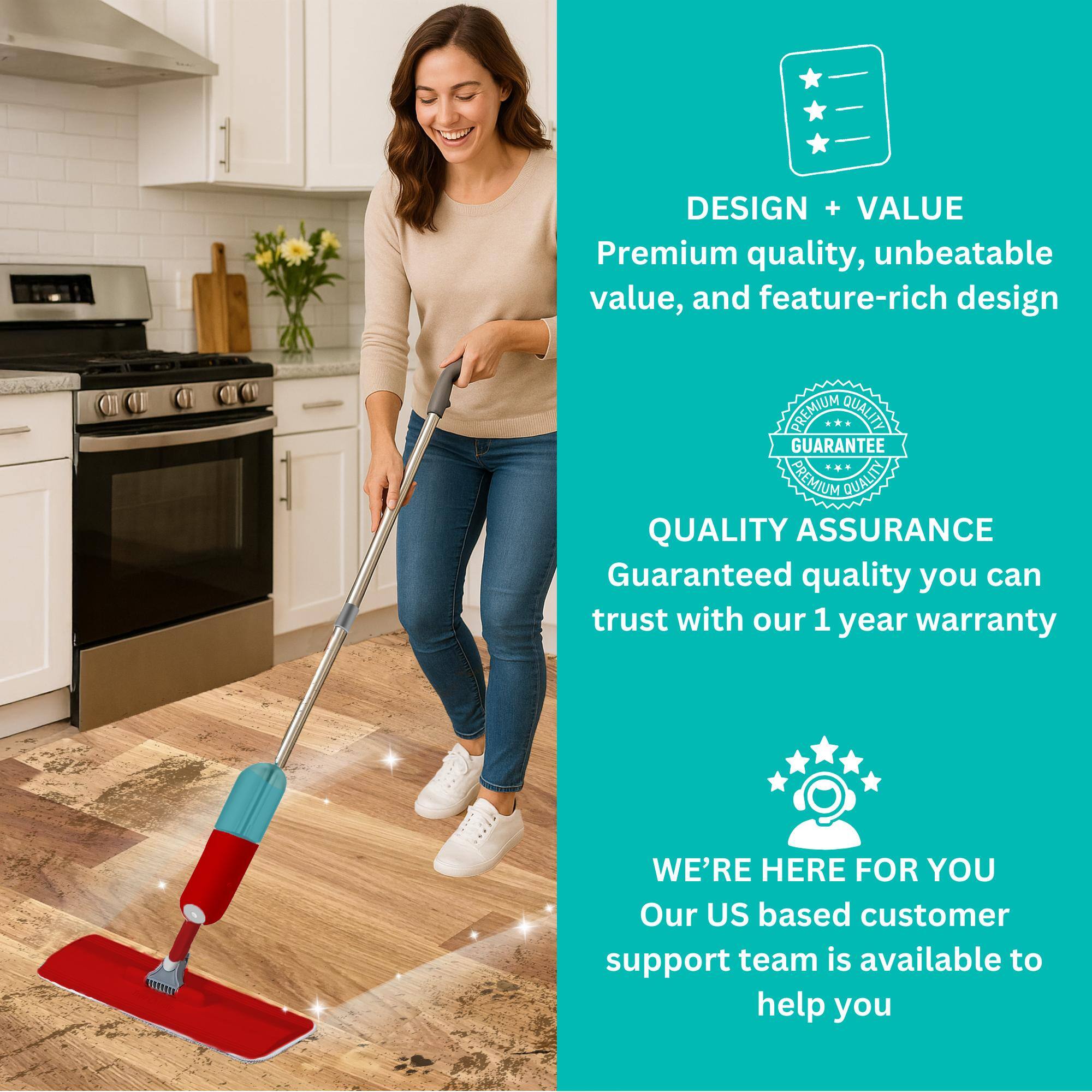 **DESIGN + VALUE**  
Premium quality, unbeatable value, and feature-rich design  

**QUALITY ASSURANCE**  
Guaranteed quality you can trust with our 1 year warranty  

**WE'RE HERE FOR YOU**  
Our US based customer support team is available to help you