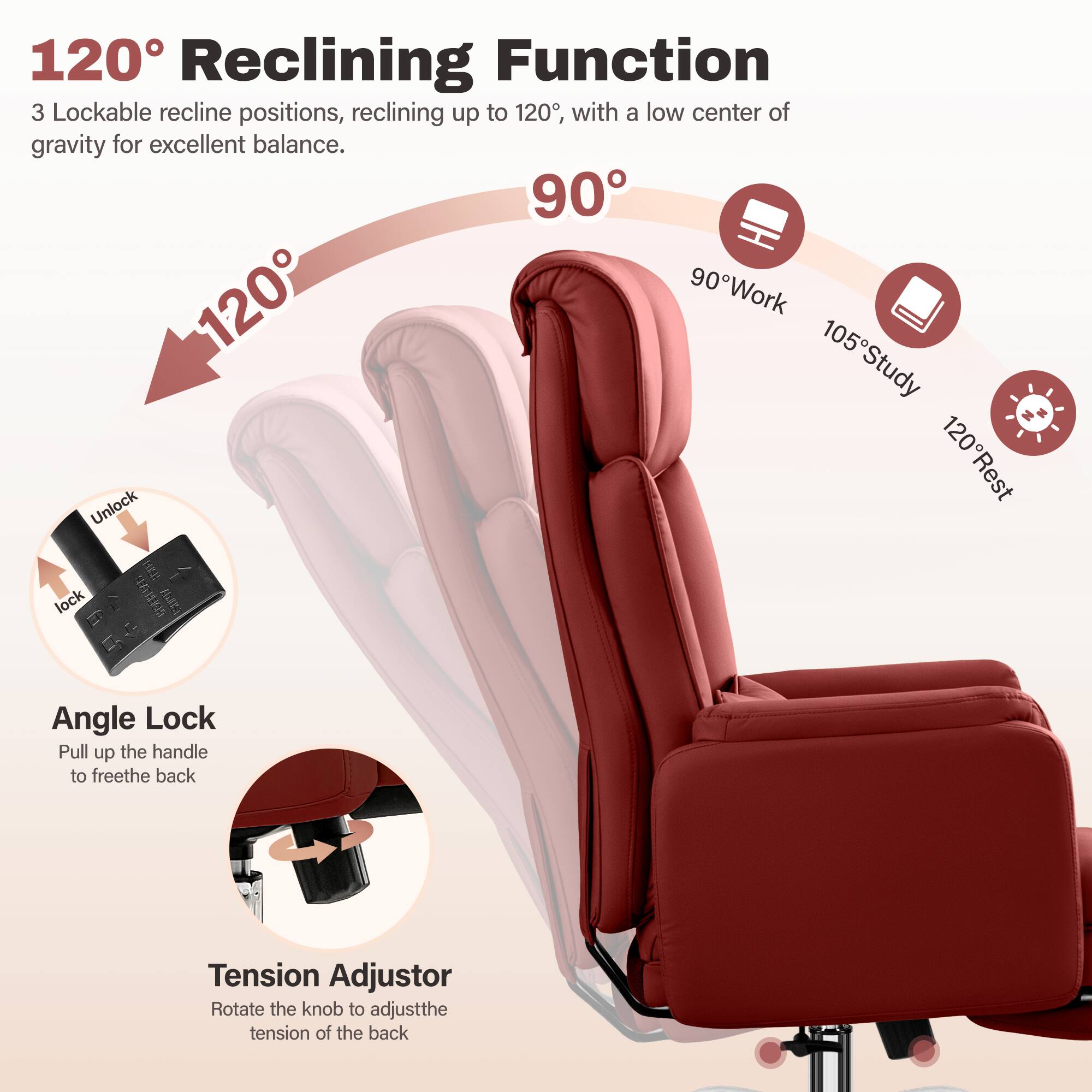 120° Reclining Function  
3 Lockable recline positions, reclining up to 120°, with a low center of gravity for excellent balance.  

90° Work  
105° Study  
120° Rest  

Angle Lock  
Pull up the handle to free the back  

Tension Adjustor  
Rotate the knob to adjust the tension of the back