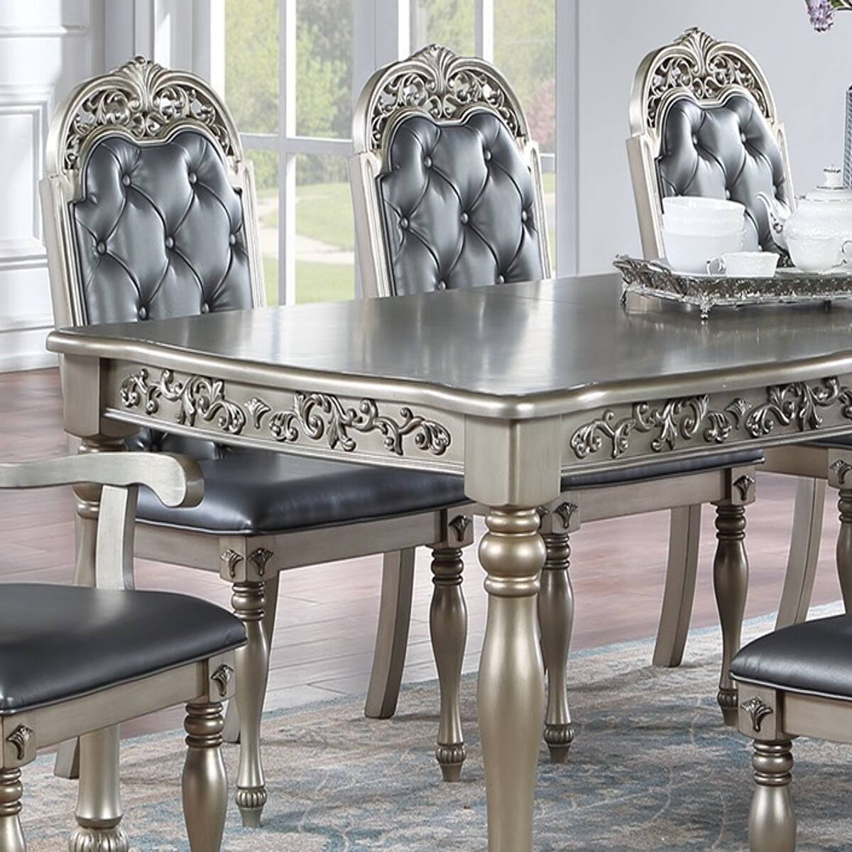 Angle. Loheer - Loheer Formal Dining Table with Two Leaves, Rectangular Rubberwood Table in Silver Gray - Silver and Gray.