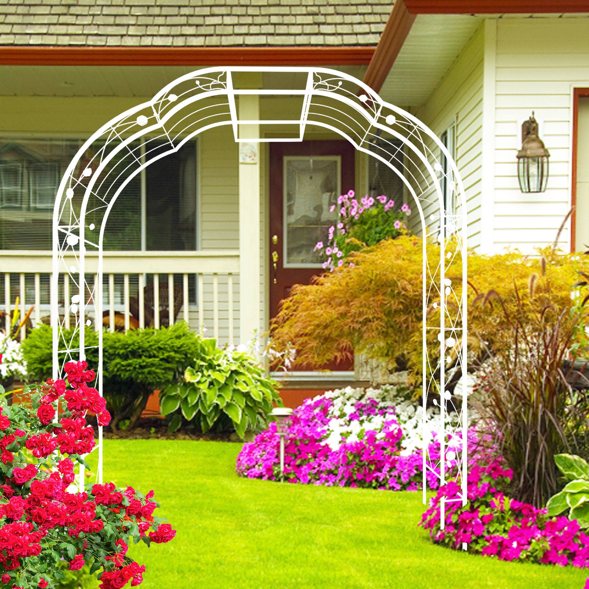 Alt View 5. Loheer - Metal Garden Arch Trellis 6.2 ft W x 8.2 ft H for Climbing Plants Outdoor Rose Arbor - Cream White.