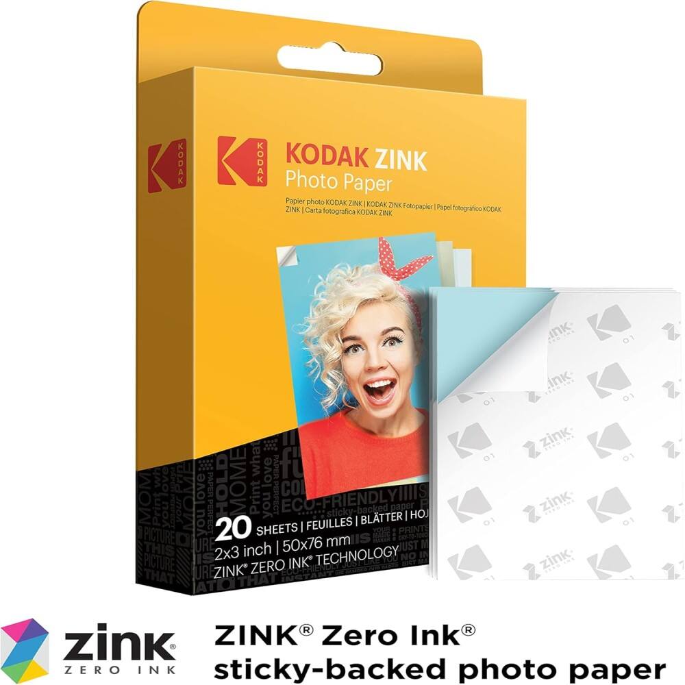 KODAK ZINK Photo Paper  
Papier photo KODAK ZINK | Carta fotográfica KODAK ZINK  
20 SHEETS | FEUILLES | BLATLER I HOJ  
2x3 inch | 50x76 mm  
ZINK® Zero Ink® Technology  
sticky-backed photo paper