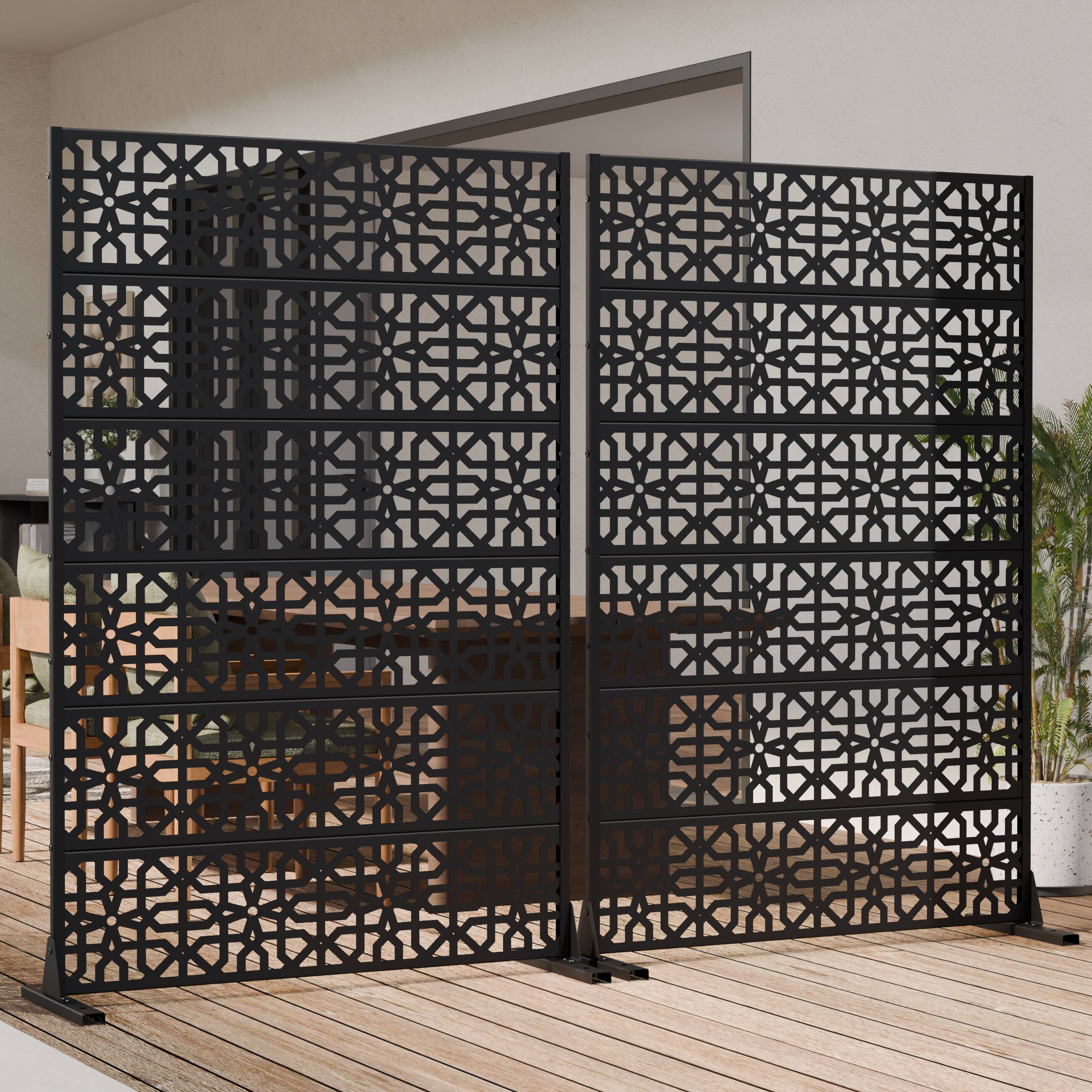 Front. PexFix - 2 Panels Outdoor Privacy Screen Decorative Privacy Panel with Hollow-Carved Pattern All-Weather Freestanding Screen - Black.