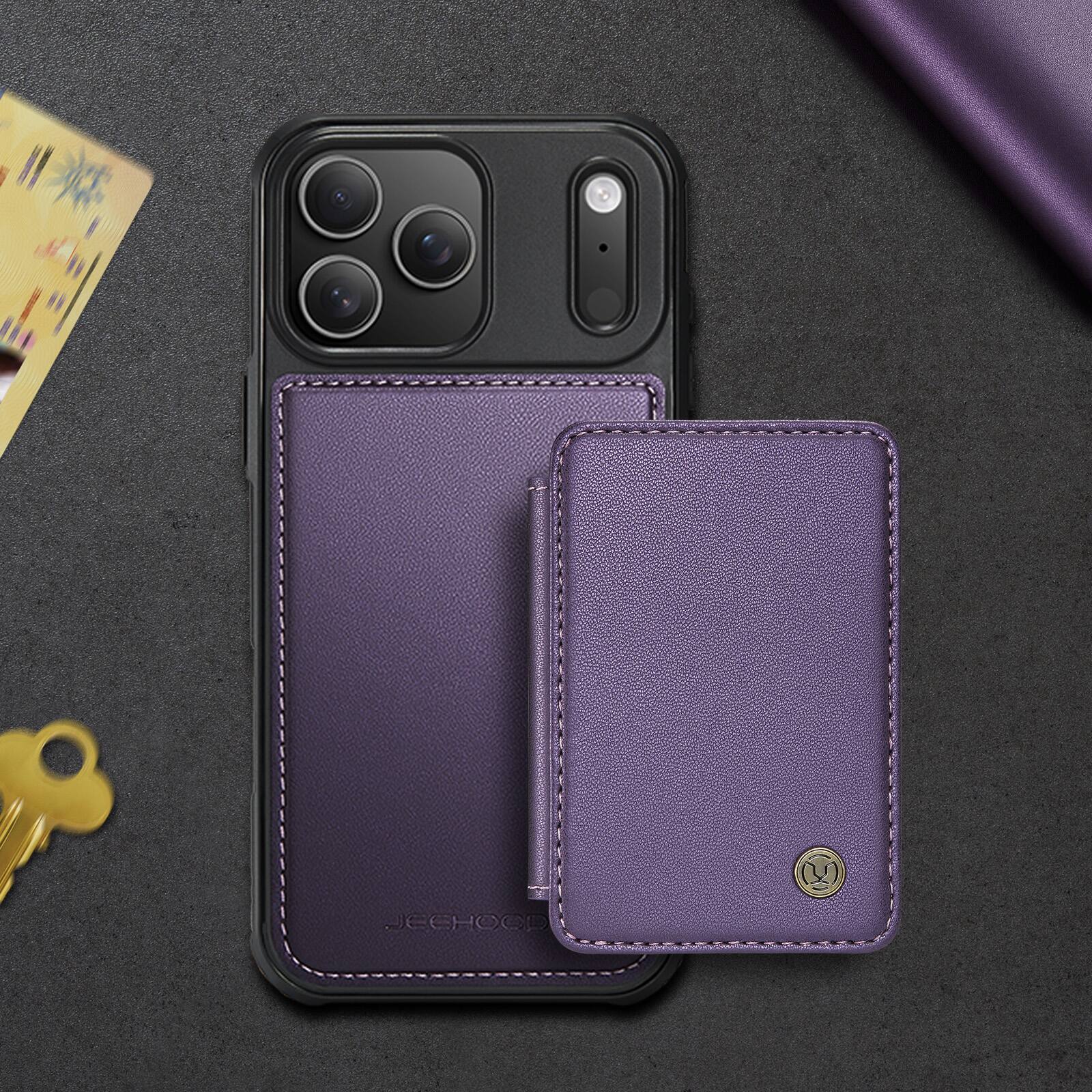 Alt View 2. Dteck - 2-in-1 Wallet Case for Apple iPhone 17 Pro Max with Magnetic Card Holder, RFID PU Leather Flip Folio Kickstand Cover - Purple.