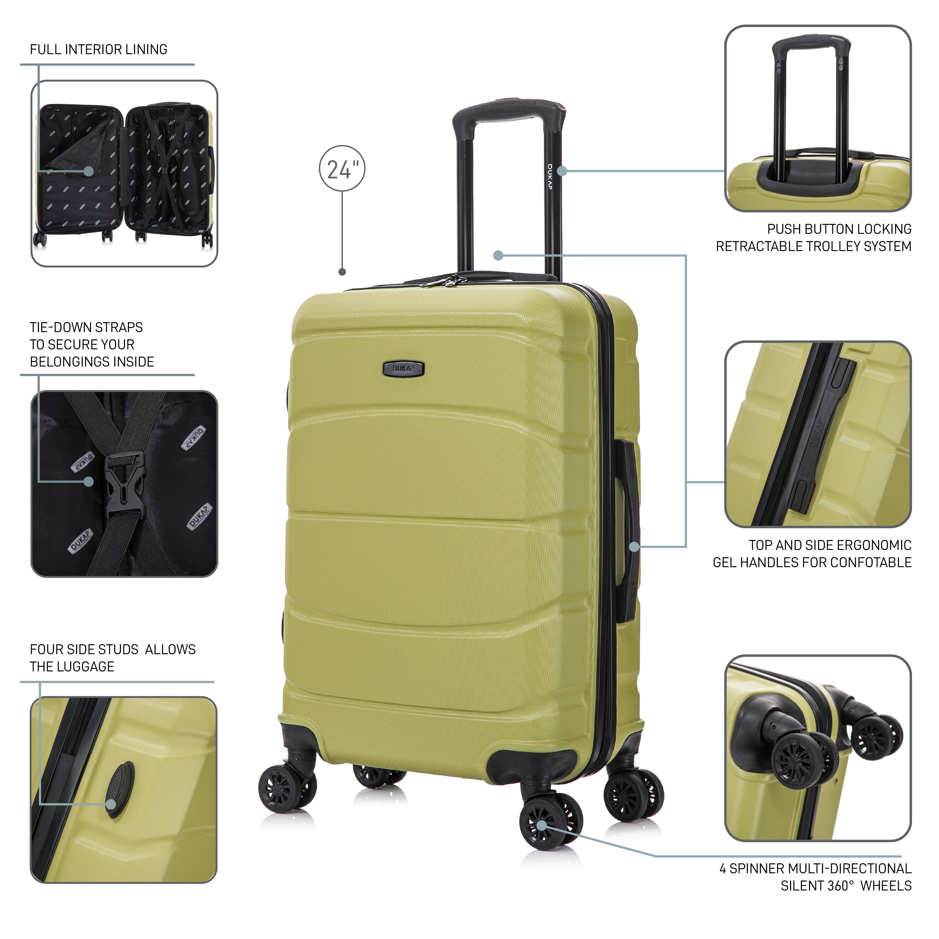 - FULL INTERIOR LINING
- 24" NURAP
- PUSH BUTTON LOCKING RETRACTABLE TROLLEY SYSTEM
- TIE-DOWN STRAPS TO SECURE YOUR BELONGINGS INSIDE
- FOUR SIDE STUDS ALLOWS THE LUGGAGE
- TOP AND SIDE ERGONOMIC GEL HANDLES FOR COMFORTABLE
- 4 SPINNER MULTI-DIRECTIONAL SILENT 360° WHEELS