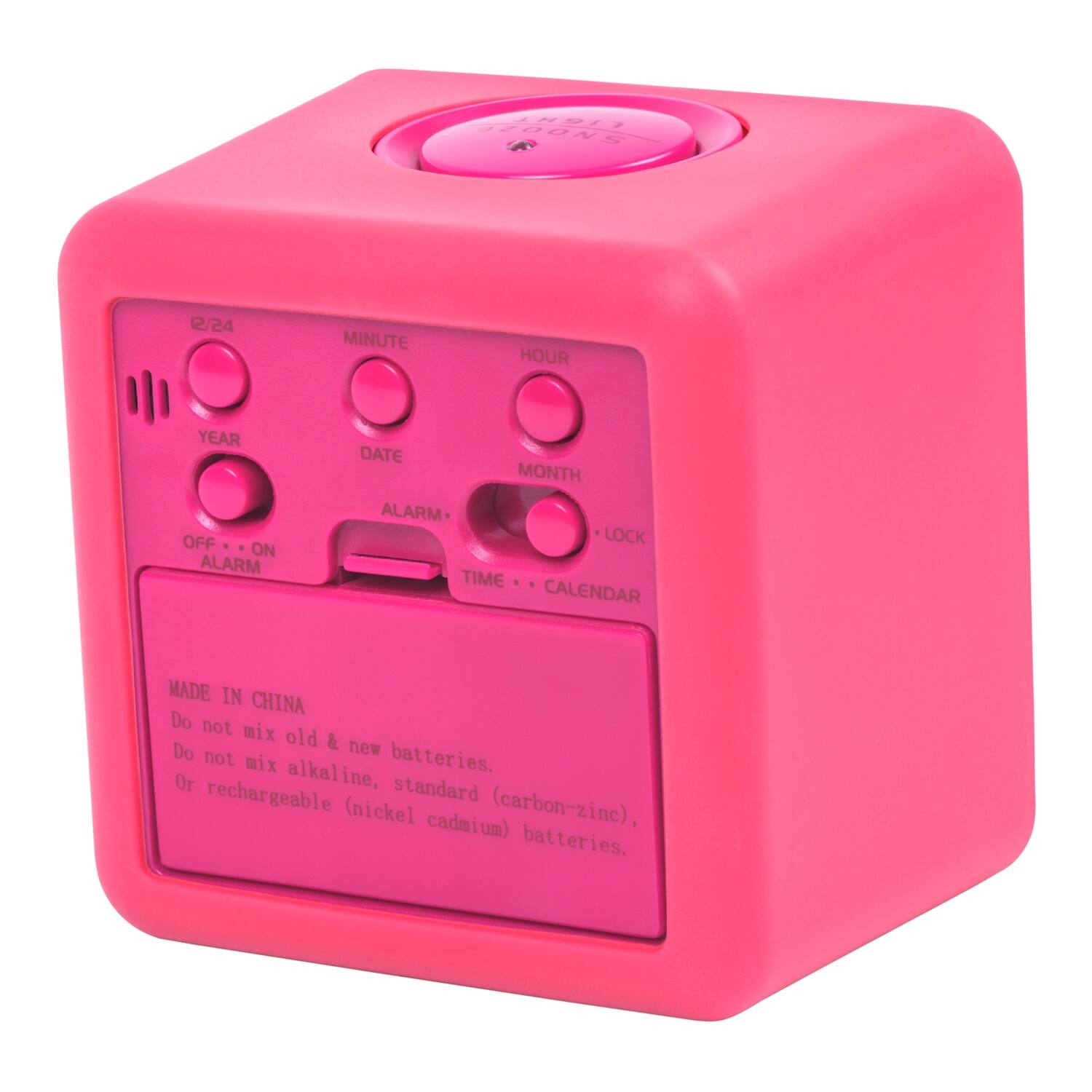 INSIDE: 12/24 MINUTE HOUR YEAR OFF ON ALARM MONTH ALARM LOCK TIME CALENDAR MADE IN CHINA

Do not mix old & new batteries. Do not mix alkaline, standard (carbon-zinc), or rechargeable (nickel-cadmium) batteries.
