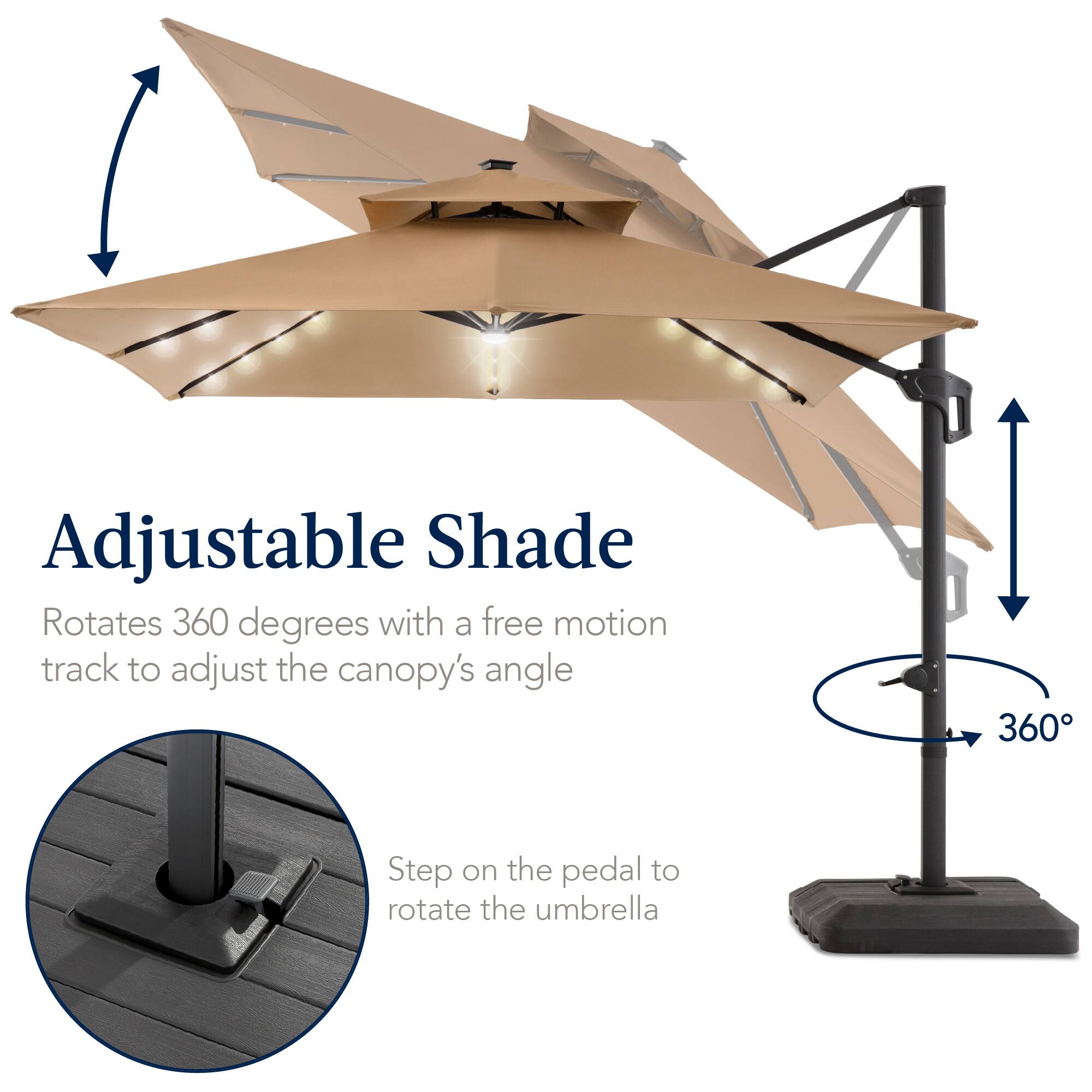 Adjustable Shade  
Rotates 360 degrees with a free motion track to adjust the canopy's angle  
Step on the pedal to rotate the umbrella