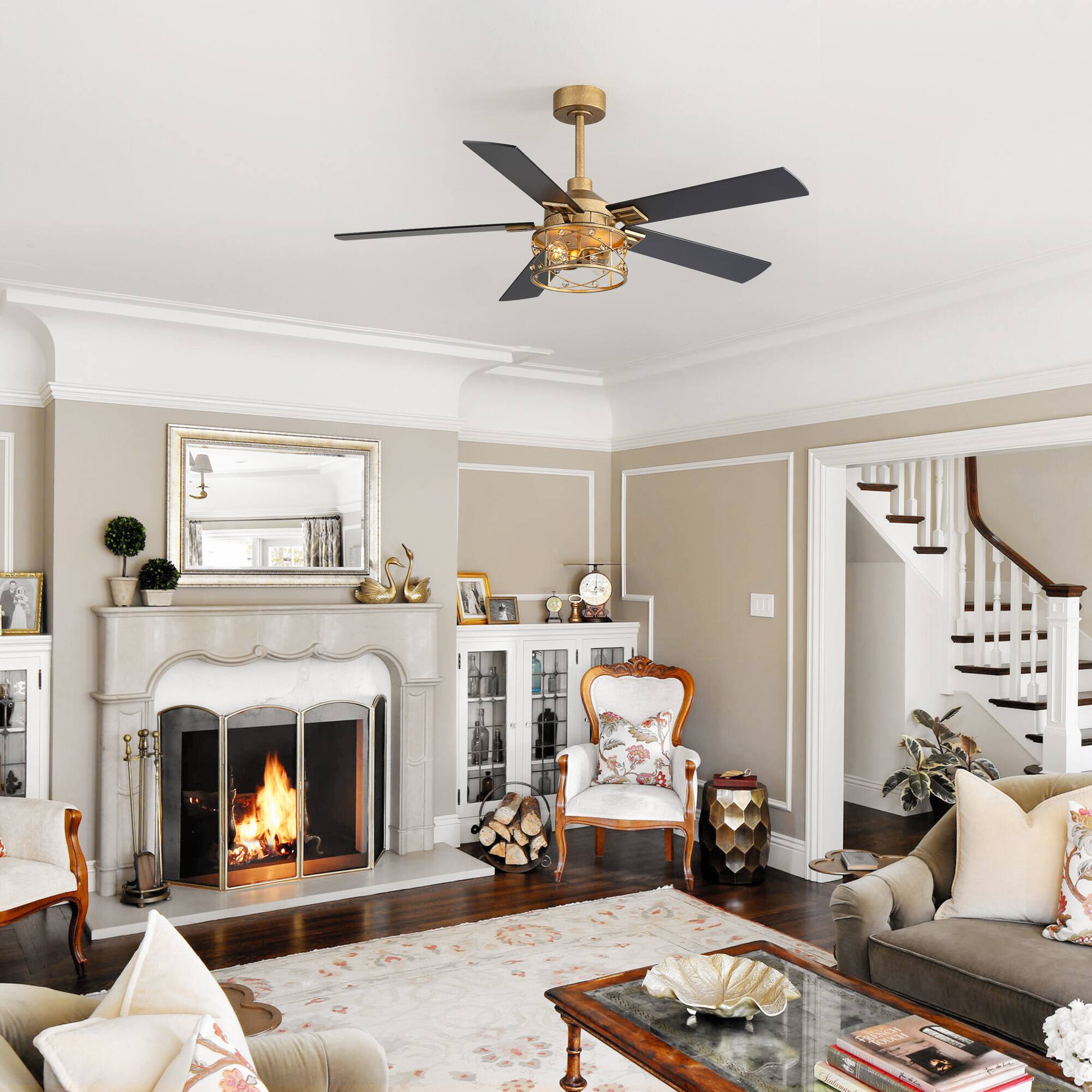 Alt View 1. Breezary - 52-In Ceiling Fan with Crystal Light Fixture, 5 Reversible Plywood Blades, DC Motor, Remote Control, Includes 2 Downrods - black and golden.