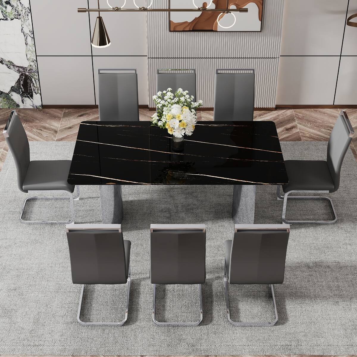 Alt View 6. Loheer - Loheer Black Faux Marble Glass Dining Table with Silver Metal Legs, Modern Minimalist Design - Black.