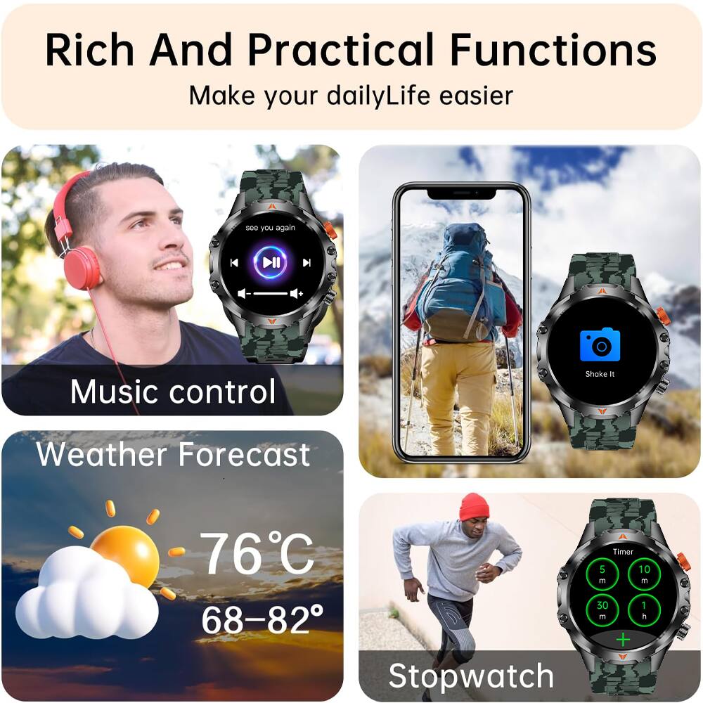 Rich And Practical Functions  
Make your daily life easier  

Music control  
Weather Forecast 76°C 68-82°  
Stopwatch