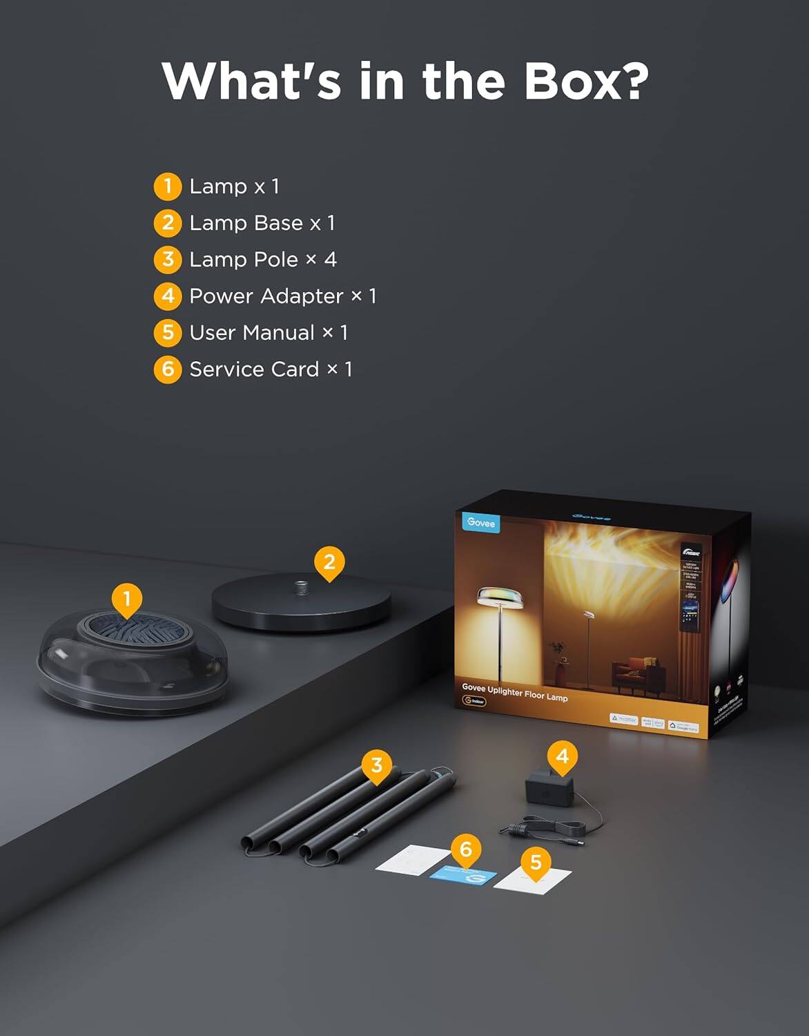 What's in the Box?  
1. Lamp x 1  
2. Lamp Base x 1  
3. Lamp Pole x 4  
4. Power Adapter x 1  
5. User Manual x 1  
6. Service Card x 1  

Govee 2  
1 Govee Uplighter Floor Lamp