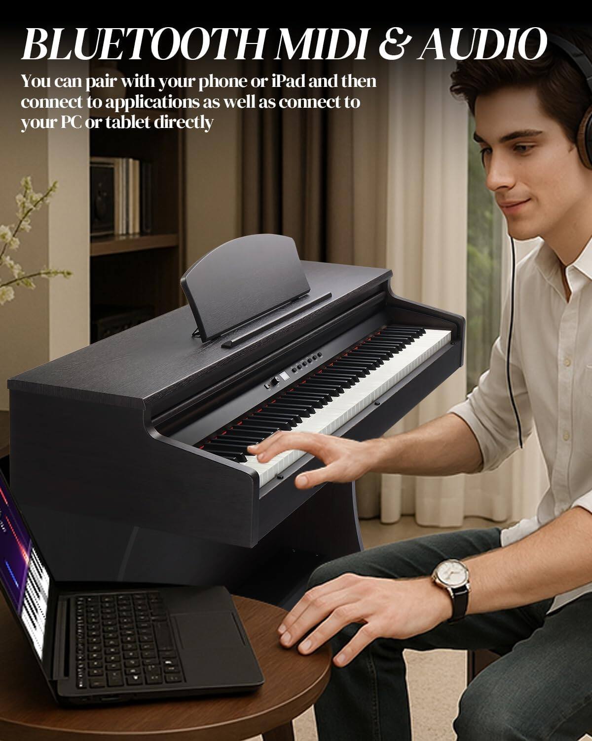 BLUETOOTH MIDI & AUDIO  
You can pair with your phone or iPad and then connect to applications as well as connect to your PC or tablet directly