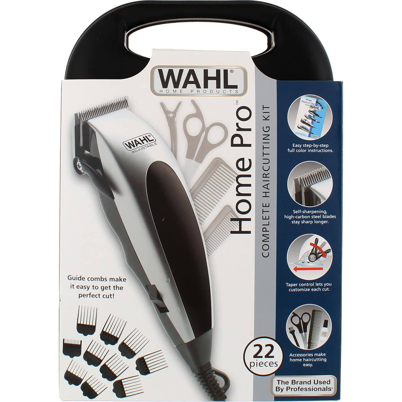 WAHL HOME PRODUCTS  
Home HAIRCUTTING COMPLETE KIT  

WAHL ADJUSTABLE  
Guide combs make it easy to get the perfect cut!  
Easy step-by-step full color instructions.  
Self-sharpening, high-carbon steel blades stay sharp longer.  
Taper control lets you customize each cut.  
22 Accessories make home haircutting pieces easy.  
The Brand Used By Professionals