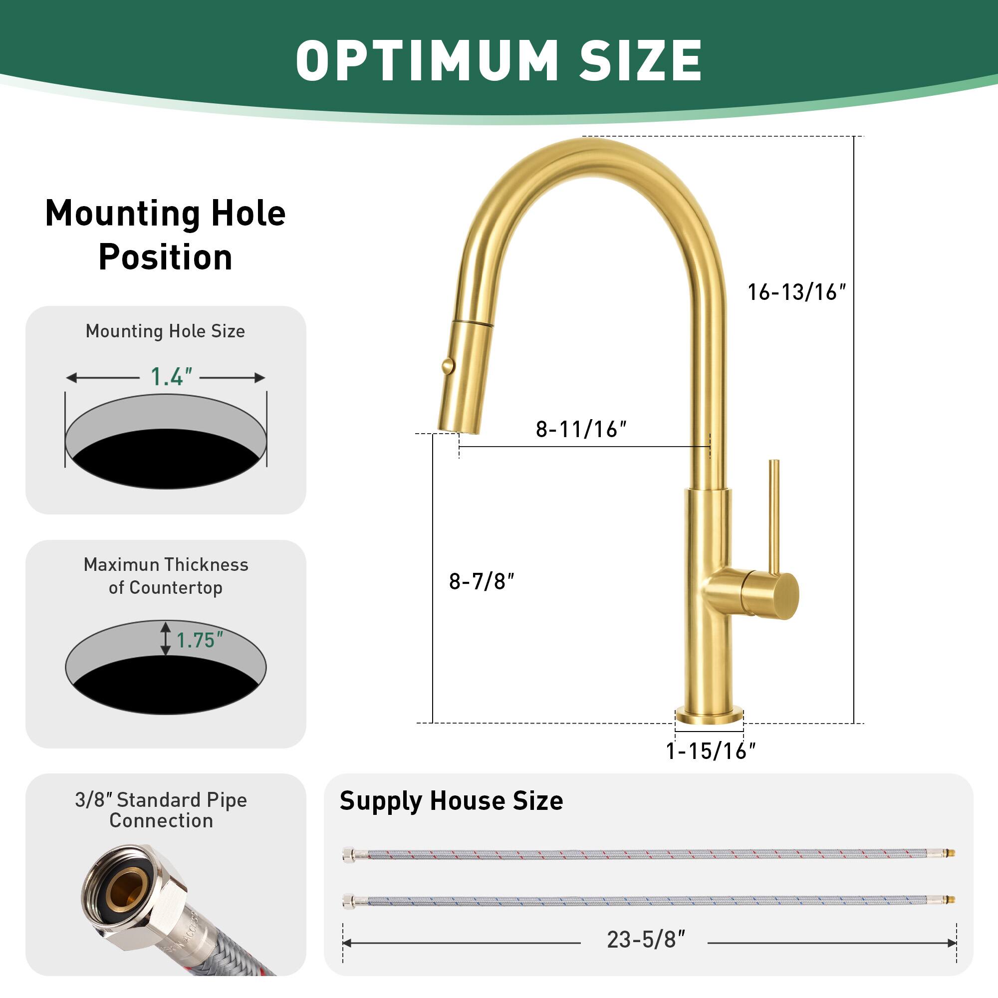 OPTIMUM SIZE

Mounting Hole Position  
16-13/16"  
Mounting Hole Size  
1.4"  
Maximum Thickness of Countertop  
1.75"  
3/8" Standard Pipe Connection  
Supply House Size  
23-5/8"