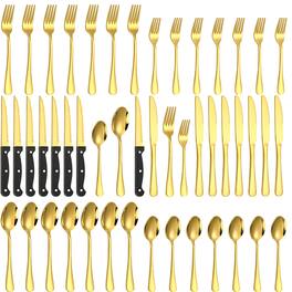 Dazzed Corner - 48-Piece Stainless Steel Silverware Set with Steak Knives, Flatware Set for 8 - Gold