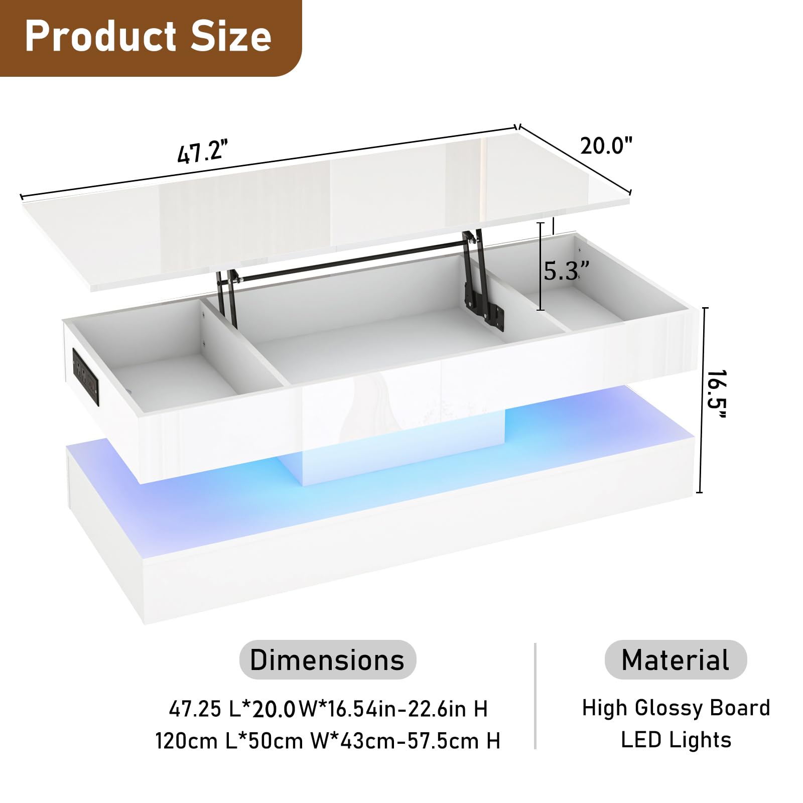 Product Size  
47.2" 20.0" 5.3" 16.5"  

Dimensions  
47.25 L*20.0W*16.54in-22.6in H  
120cm L*50cm W*43cm-57.5cm H  

Material  
High Glossy Board  
LED Lights