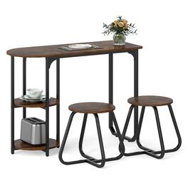 Costway - 3 PCS Dining Table Set, Wooden Metal Kitchen Table & 2 Stools with Storage Shelves - Rustic Brown+Black