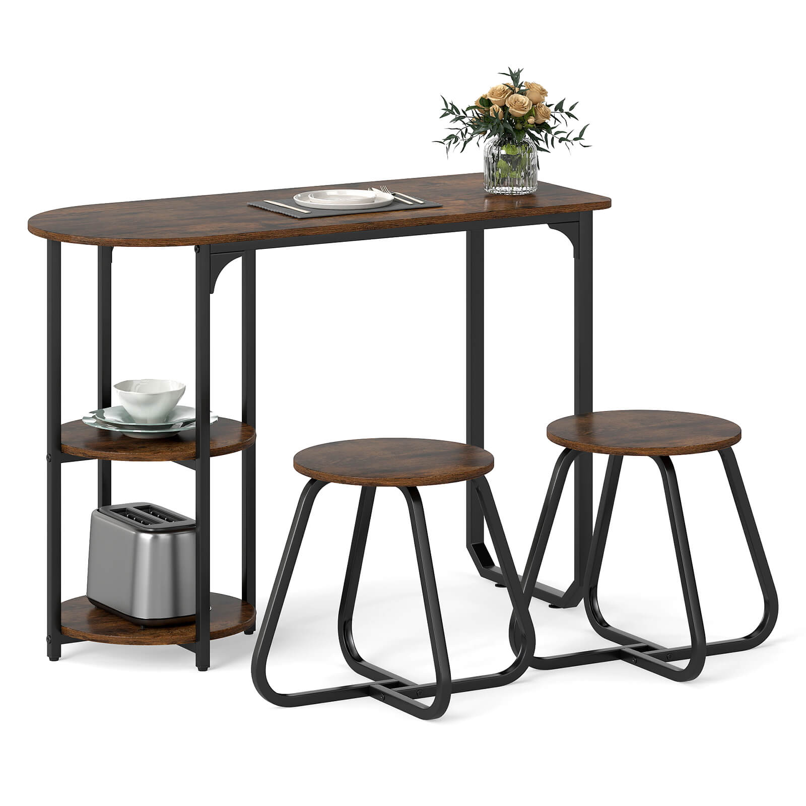 Front. Costway - Costway 3 PCS Dining Table Set, Wooden Metal Kitchen Table & 2 Stools with Storage Shelves - Rustic Brown+Black.