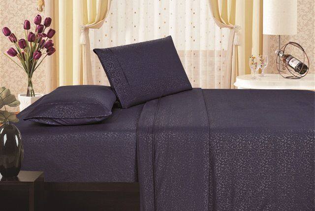 Left. Plazatex - 1800 Series Vine Embossed Wrinkle Resistant Sheet 4pc SetQueen - Navy - NV.