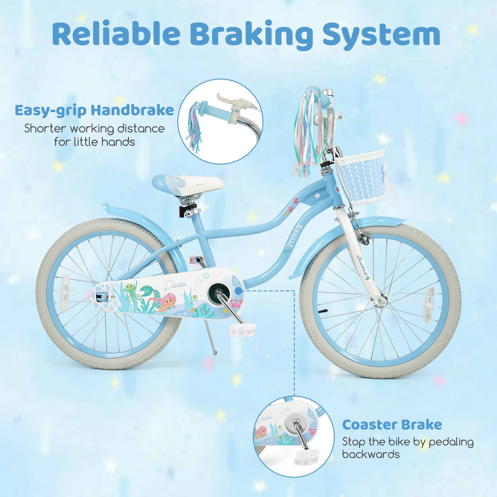 Reliable Braking System

Easy-grip Handbrake  
Shorter working distance for little hands

Coaster Brake  
Stop the bike by pedaling backwards
