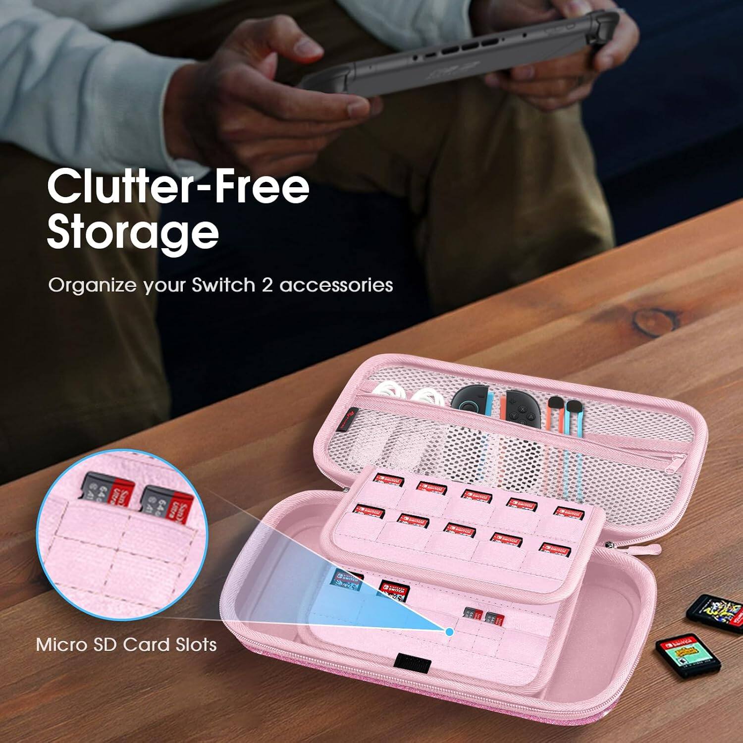 Clutter-Free Storage  
Organize your Switch 2 accessories  

BYS 640 Ultra  
64  
BLANDA  
Micro SD Card Slots  
- 6
