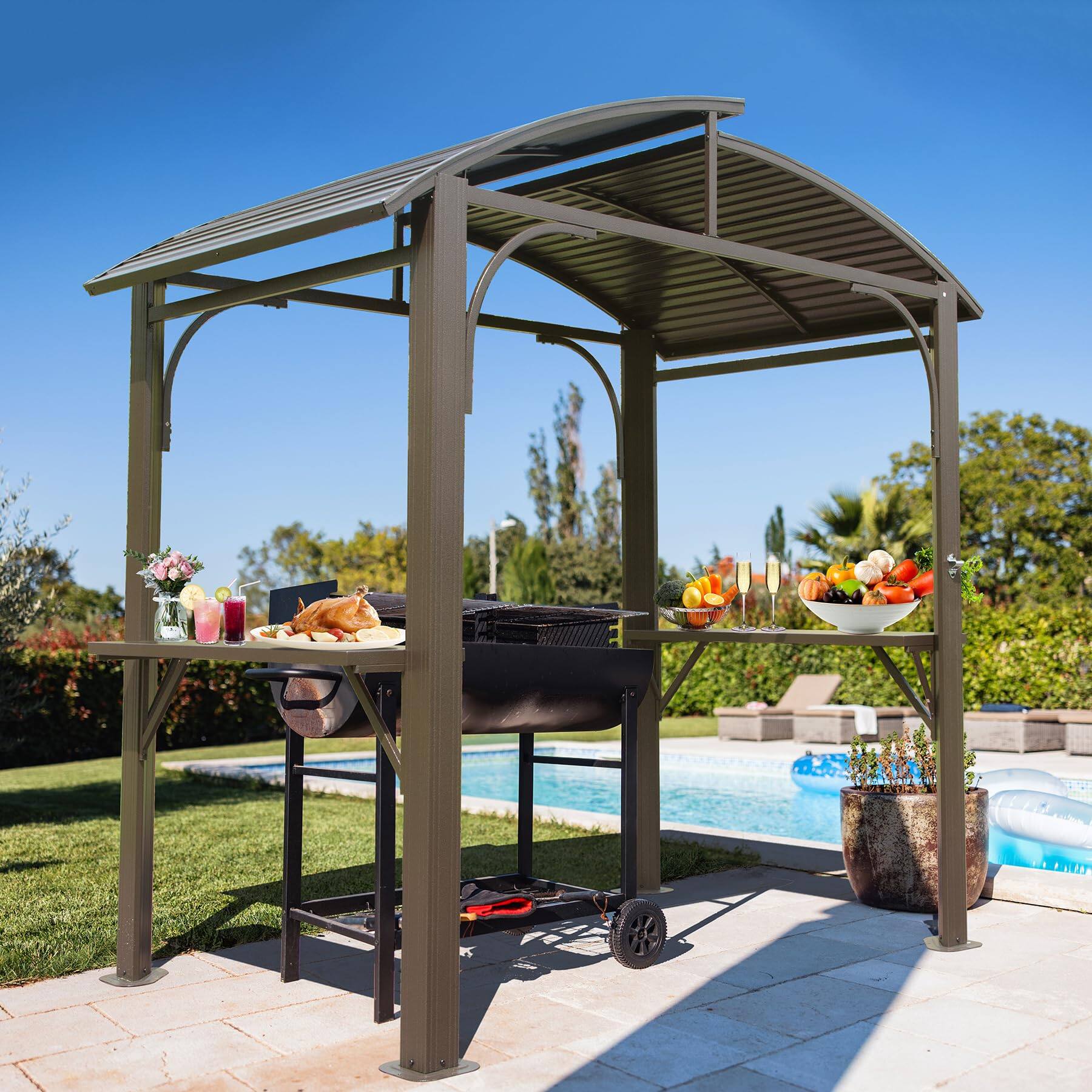 Alt View 1. Boyel Living - 8x5 FT Grill Gazebo Double Galvanized Steel Roof with 2 Side Shelves and Bottle Opener - Brown.