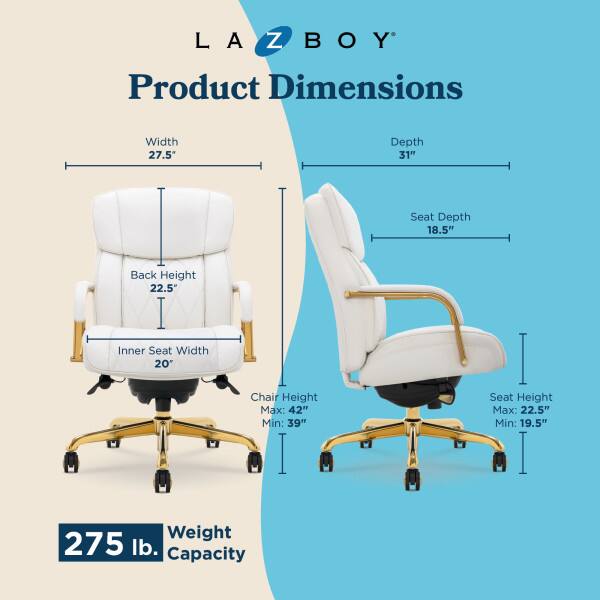 LA Z BOY Product Dimensions  
Width: 27.5"  
Depth: 31"  
Seat Depth: 18.5"  
Back Height: 22.5"  
Inner Seat Width: 20"  
Chair Height: Max: 42" Min: 39"  
Seat Height: Max: 22.5" Min: 19.5"  
Weight Capacity: 275 lb.