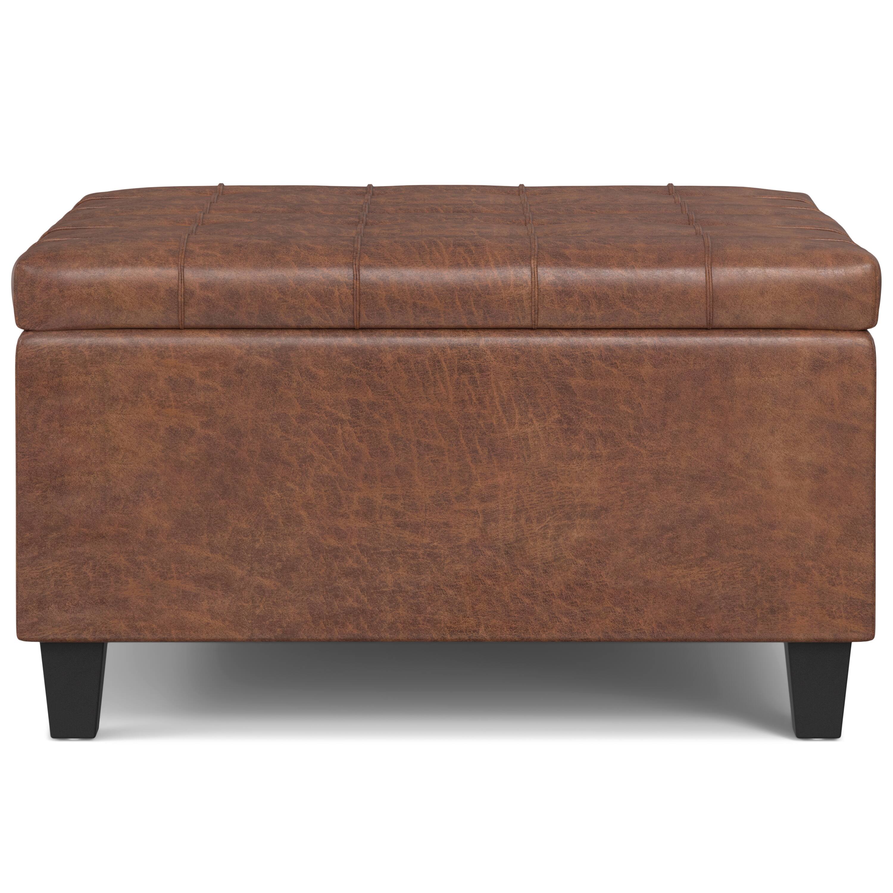 Alt View 1. Simpli Home - Harrison 30 inch Wide Small Square Coffee Table Storage Ottoman in Distressed Saddle Brown Vegan Leather - Distressed Saddle Brown.