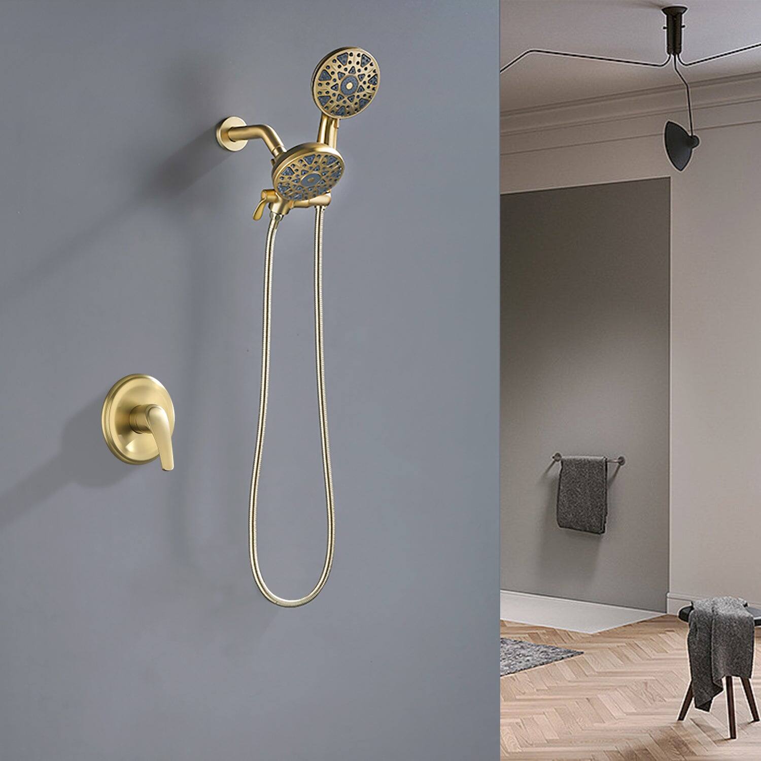 Alt View 2. Boyel Living - Brushed Gold Brass Shower Faucet Set with Pressure Balance Valve 6-Function Dual Sprayers, Stainless Steel Hose - Brushed Gold.
