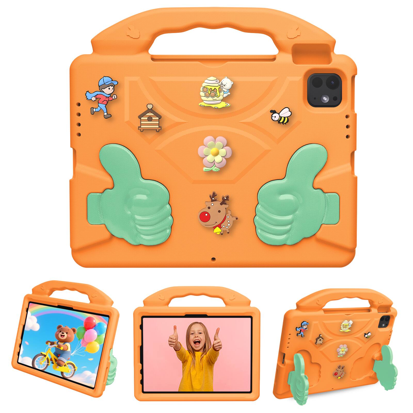 Dteck - Kids Case for iPad Pro 11 Inch M5 2025/M4 2024, Shockproof Silicone Stand Cover with Fun Charms - Orange