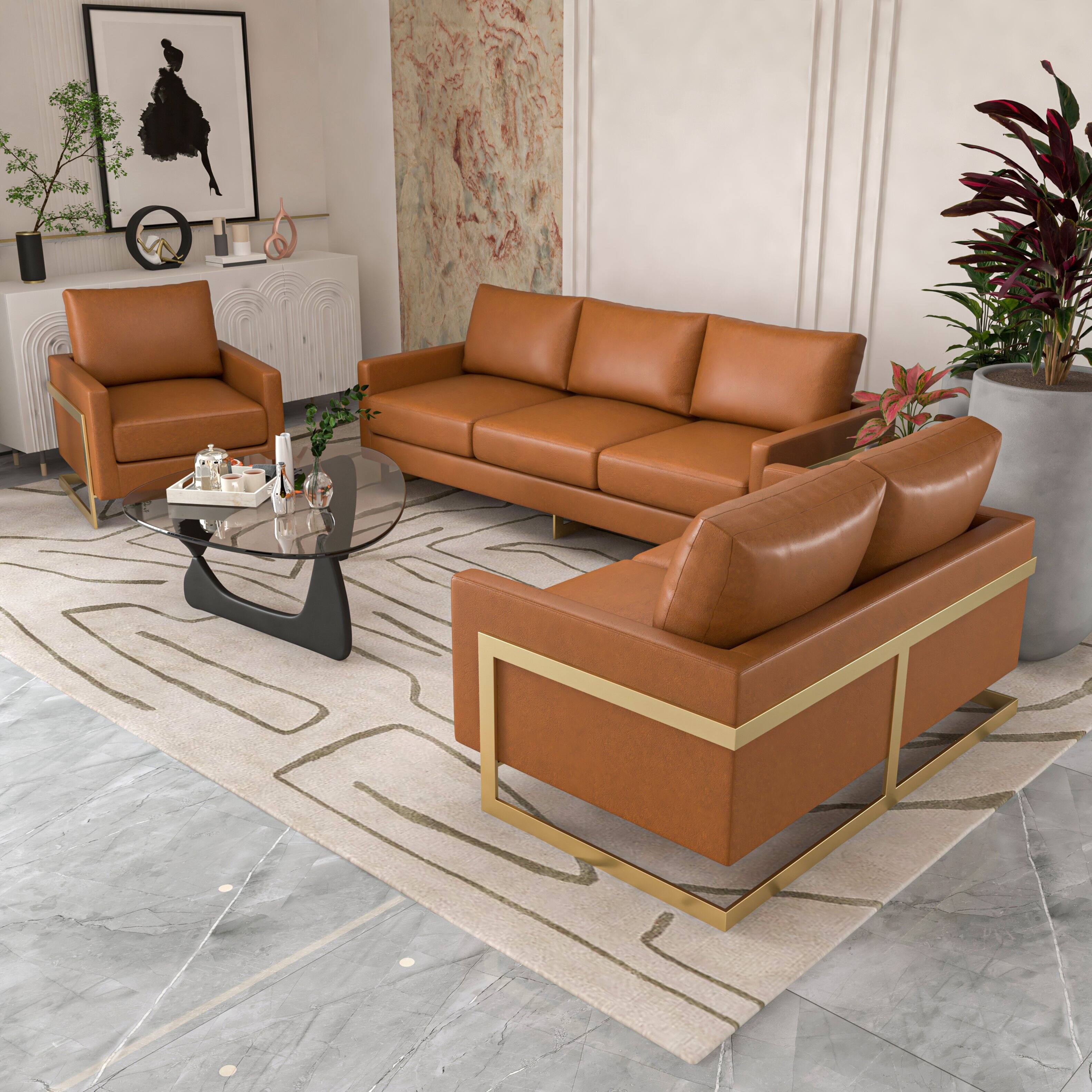 Left. LeisureMod - Lincoln Modern Leather Accent Chair, Gold Stainless Steel Base Armchair - Fully Assembled - Cognac Tan.