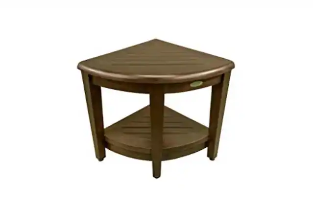Front. DecoTeak - DecoTeak SnazzyCorner 23" Teak Wood Corner Shower Bench with Shelf in Woodland Brown Finish - Extended Height - Woodland Brown.