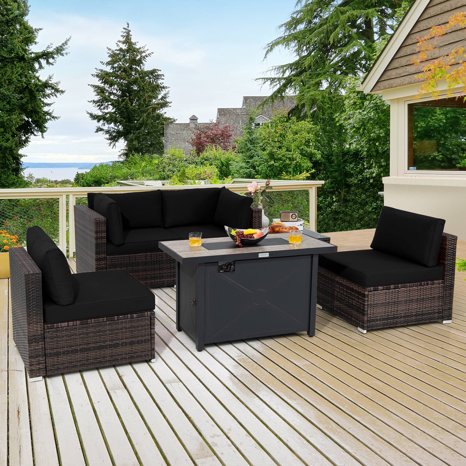 Alt View 1. Costway - Costway 6PCS Patio Furniture Set Rattan Cushioned Sofa Gas Fire Pit Table - Black.